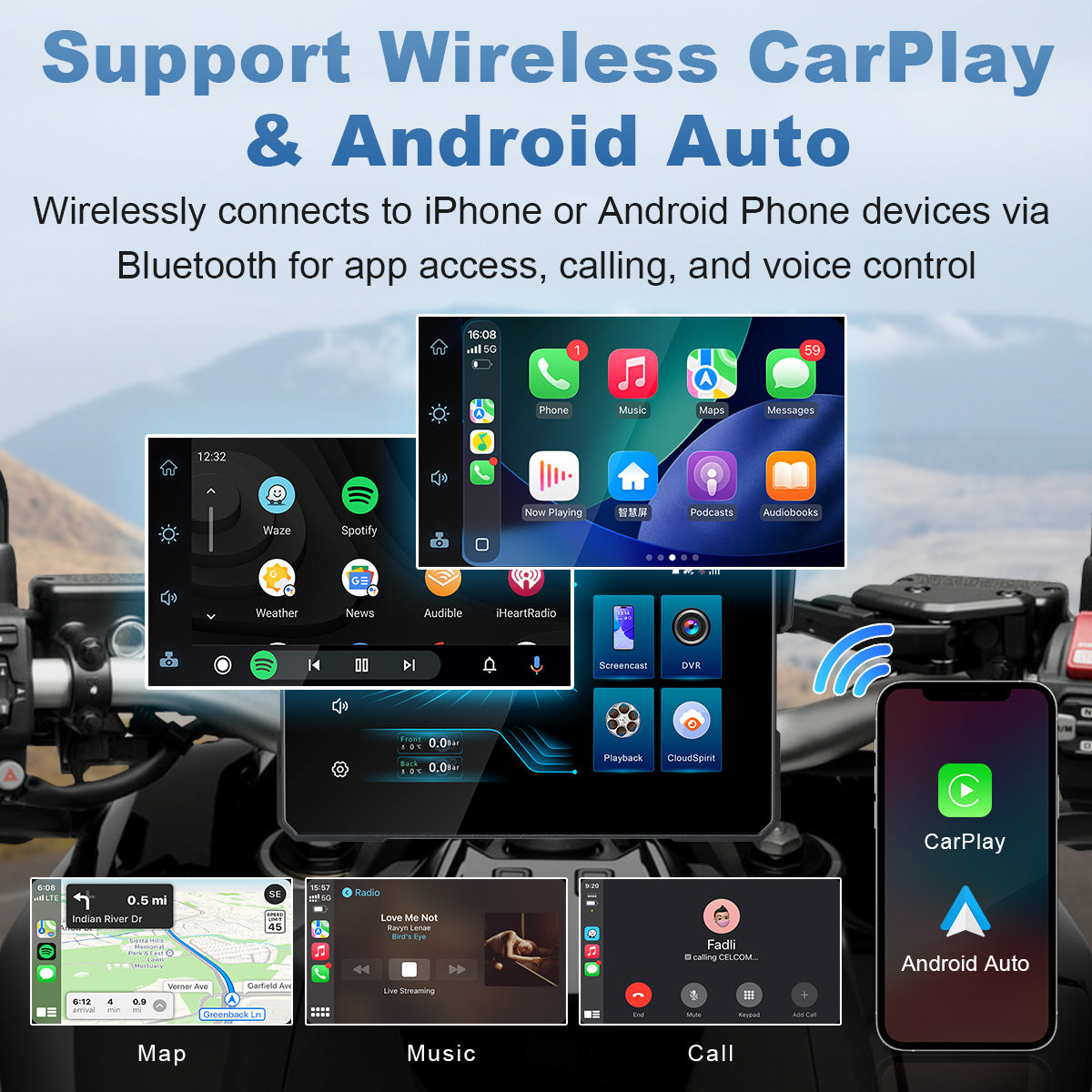 Linkifun™ MT24 7" 4G Motorcycle Smart Display – Wireless CarPlay & Android Auto, Remote Live Streaming, GPS, DVR & TPMS