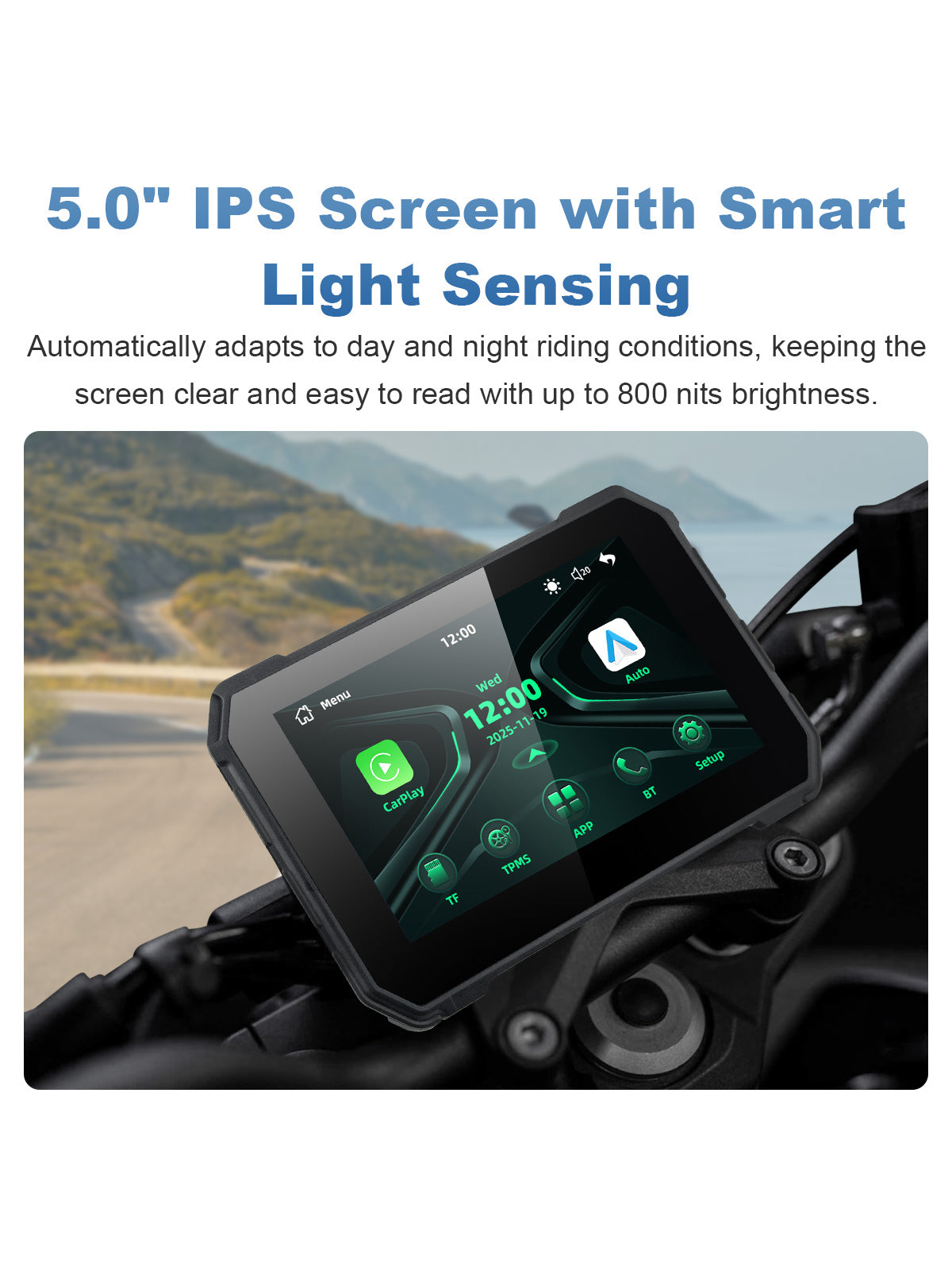 Linkifun MT2B 5 inch motorcycle navigation screen with smart light adjustment, IPS display, and 800 nit brightness for clear day and night riding
