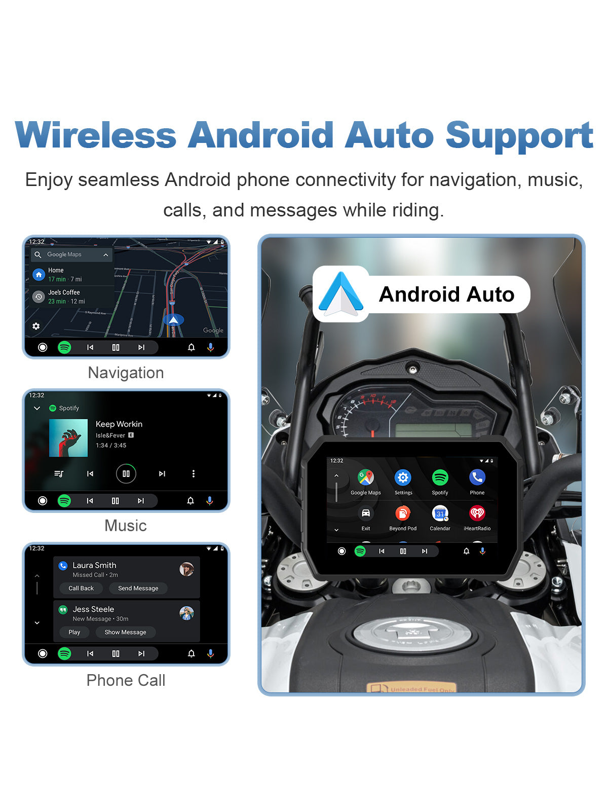 Linkifun MT2B 5 inch motorcycle navigation screen with wireless Android Auto, Google Maps, music, calls, and Google Assistant