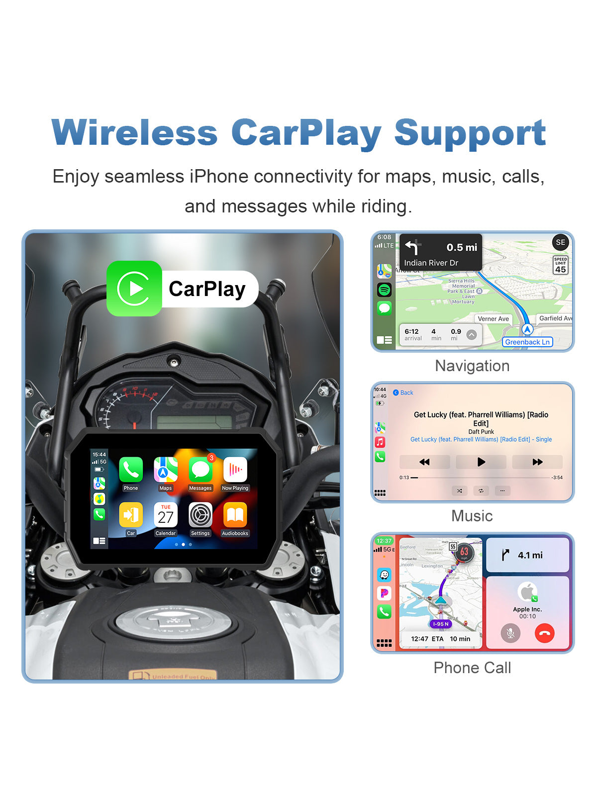 Linkifun MT2B 5 inch motorcycle navigation screen with wireless Apple CarPlay, Apple Maps, music, calls, and Siri voice control