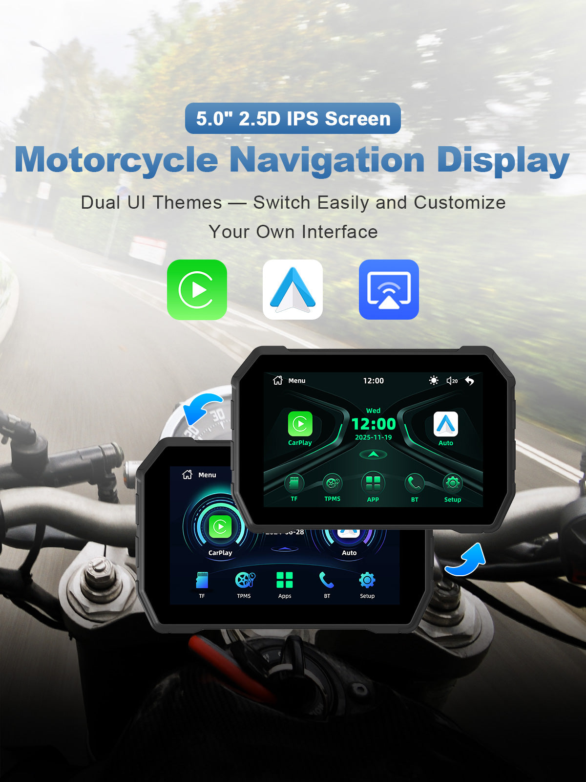 Linkifun MT2B 5 inch motorcycle navigation screen with wireless CarPlay, Android Auto, phone mirroring, and dual UI themes