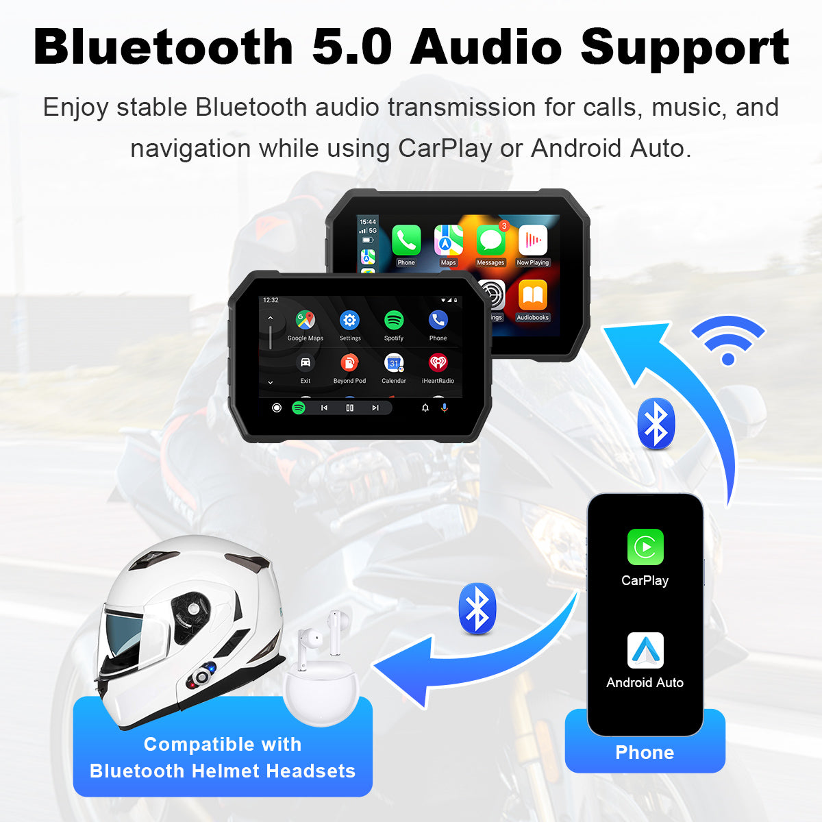 Linkifun™ MT2B+DVR 5" Motorcycle Navigation Screen with Wireless CarPlay, Android Auto, DVR Recording, Optional TPMS & IP67 Waterproof