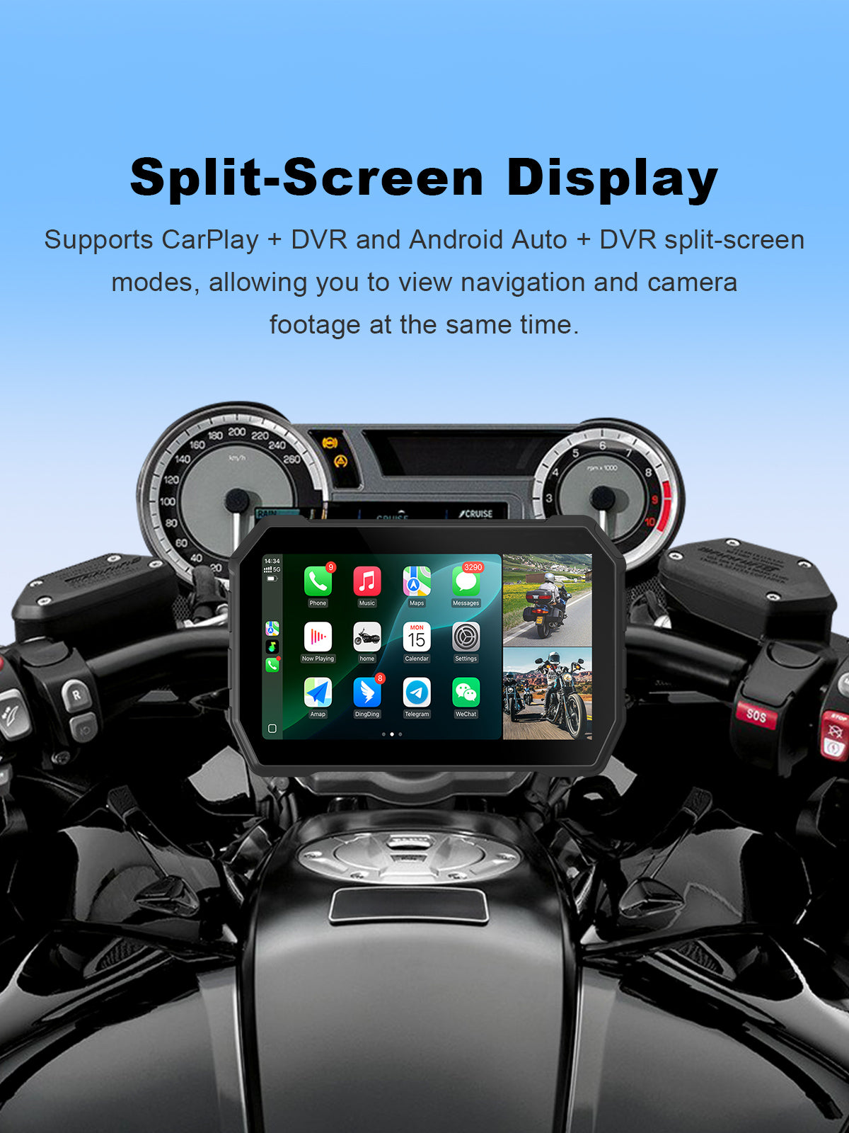 Linkifun MT2B-DVR 5 inch motorcycle navigation screen with split-screen CarPlay, Android Auto, and DVR camera display