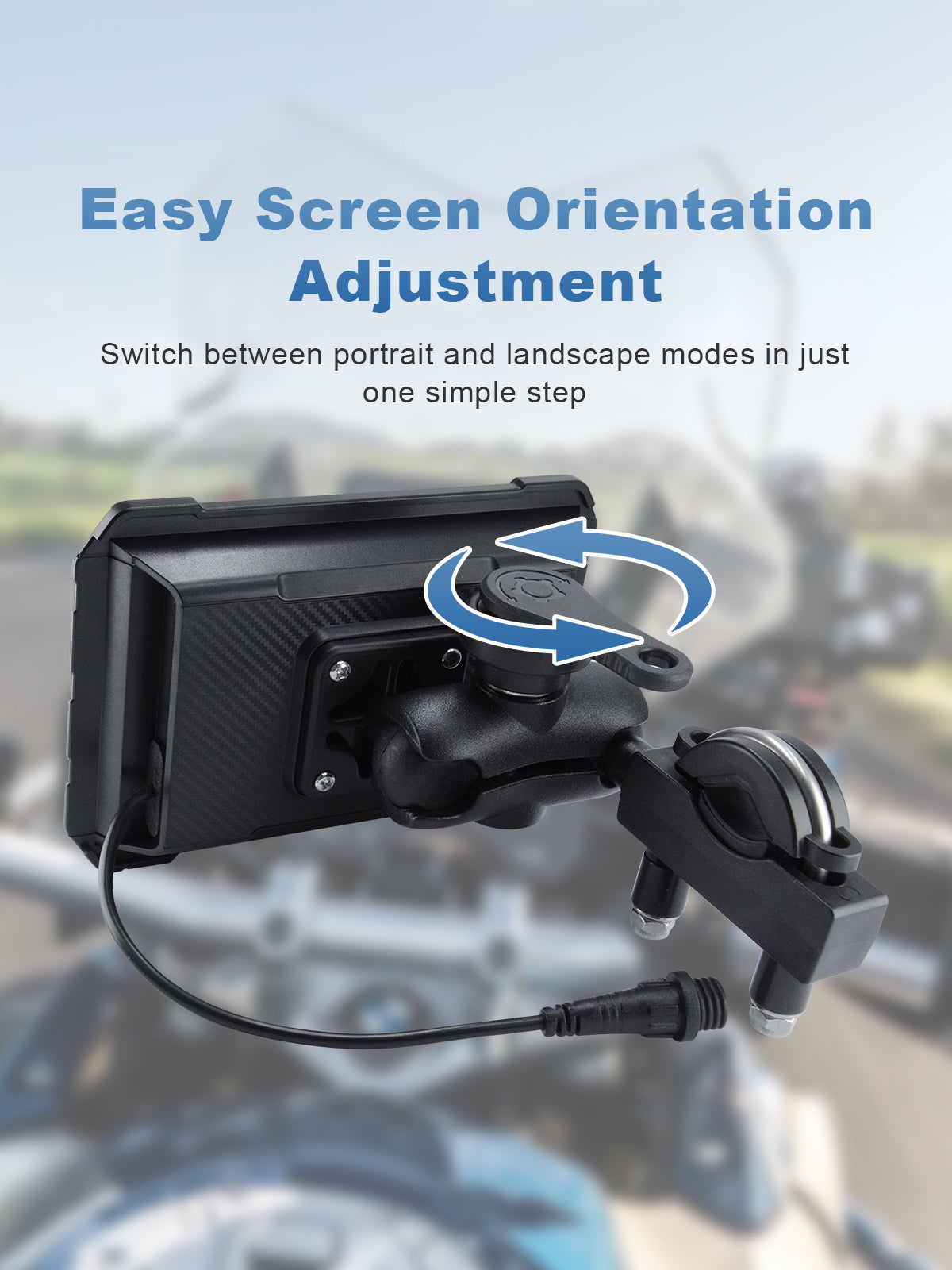 Linkifun MT2C 5-inch motorcycle navigation screen with an adjustable mounting bracket for portrait and landscape orientation changes