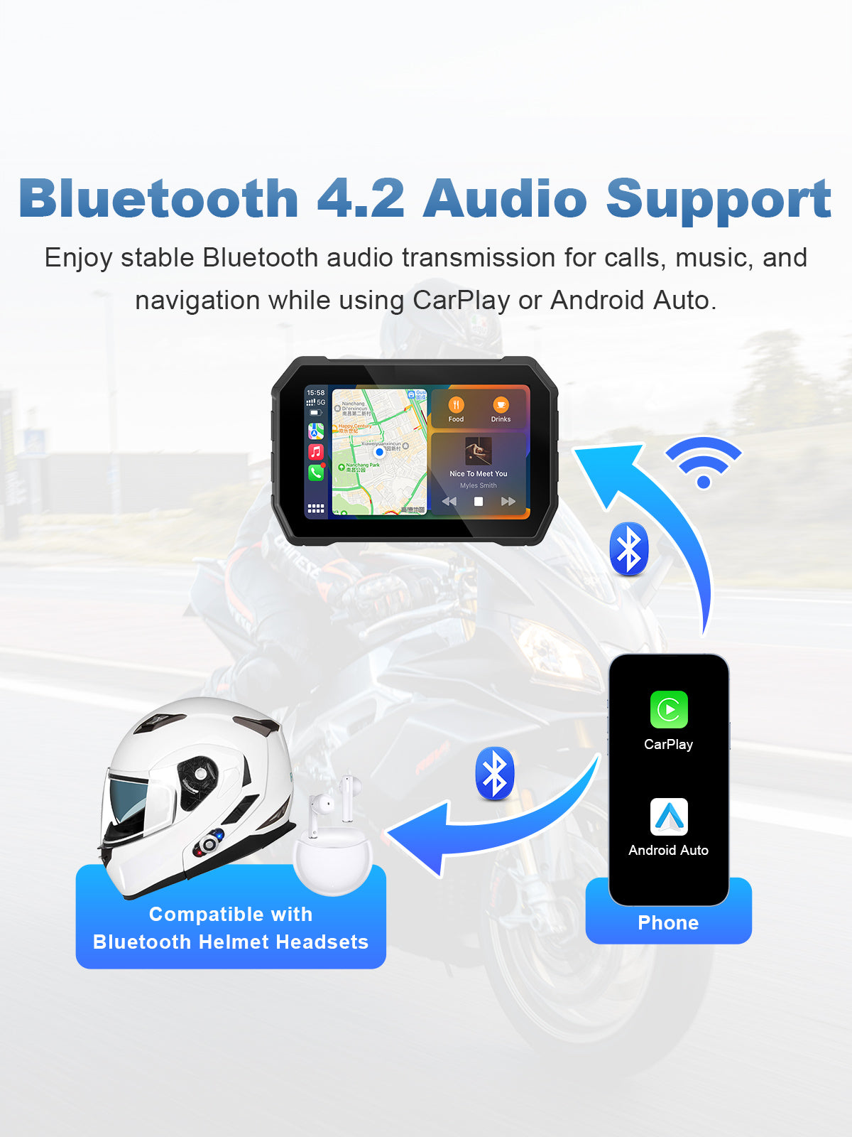 Linkifun MT2C 5-inch motorcycle navigation screen with Bluetooth 4.2 single-device connection for wireless CarPlay, Android Auto, navigation, music, and calls