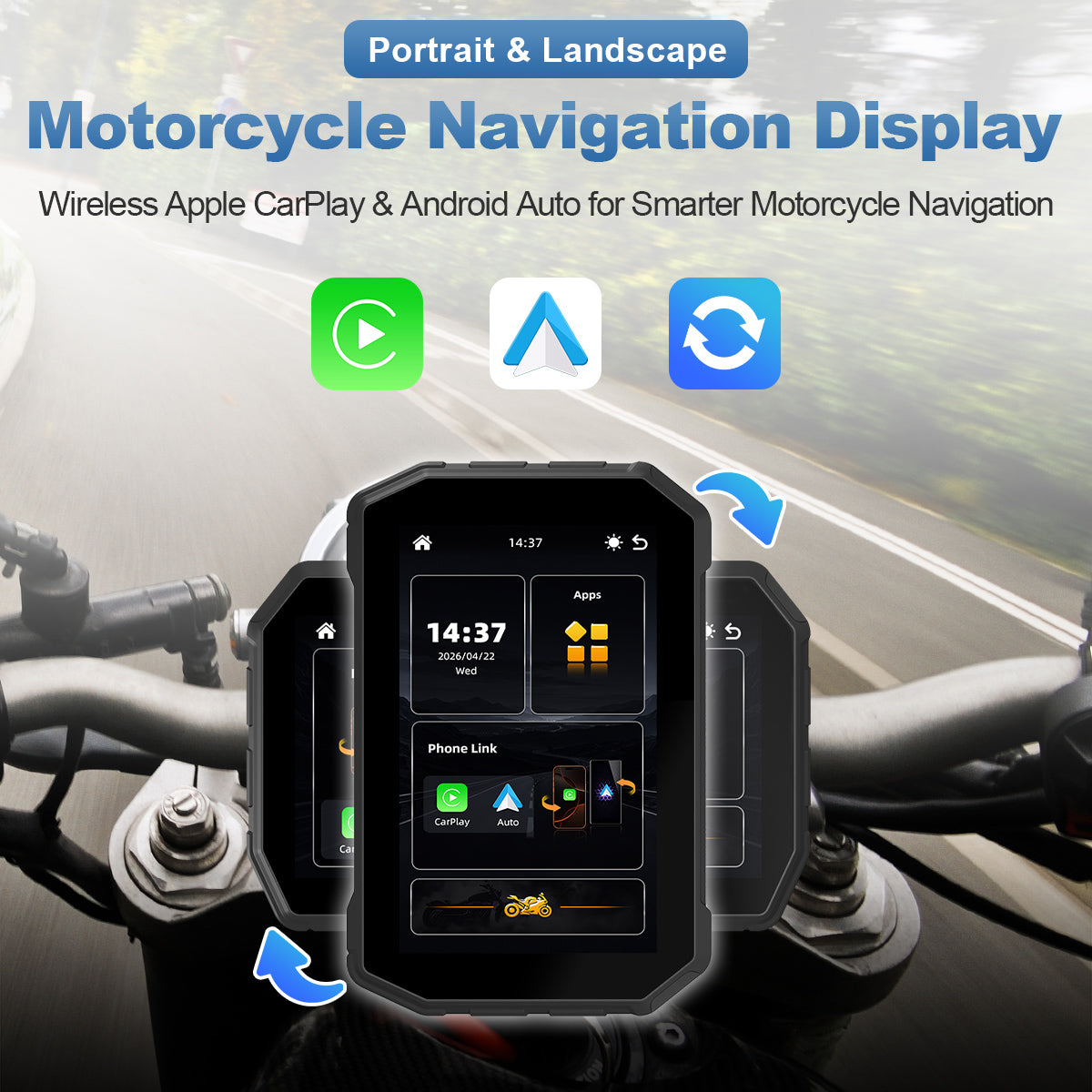 Linkifun™ MT2C 5" Motorcycle Navigation Screen with Wireless CarPlay & Android Auto, Portrait & Landscape Mode, Single Bluetooth, Optional TPMS