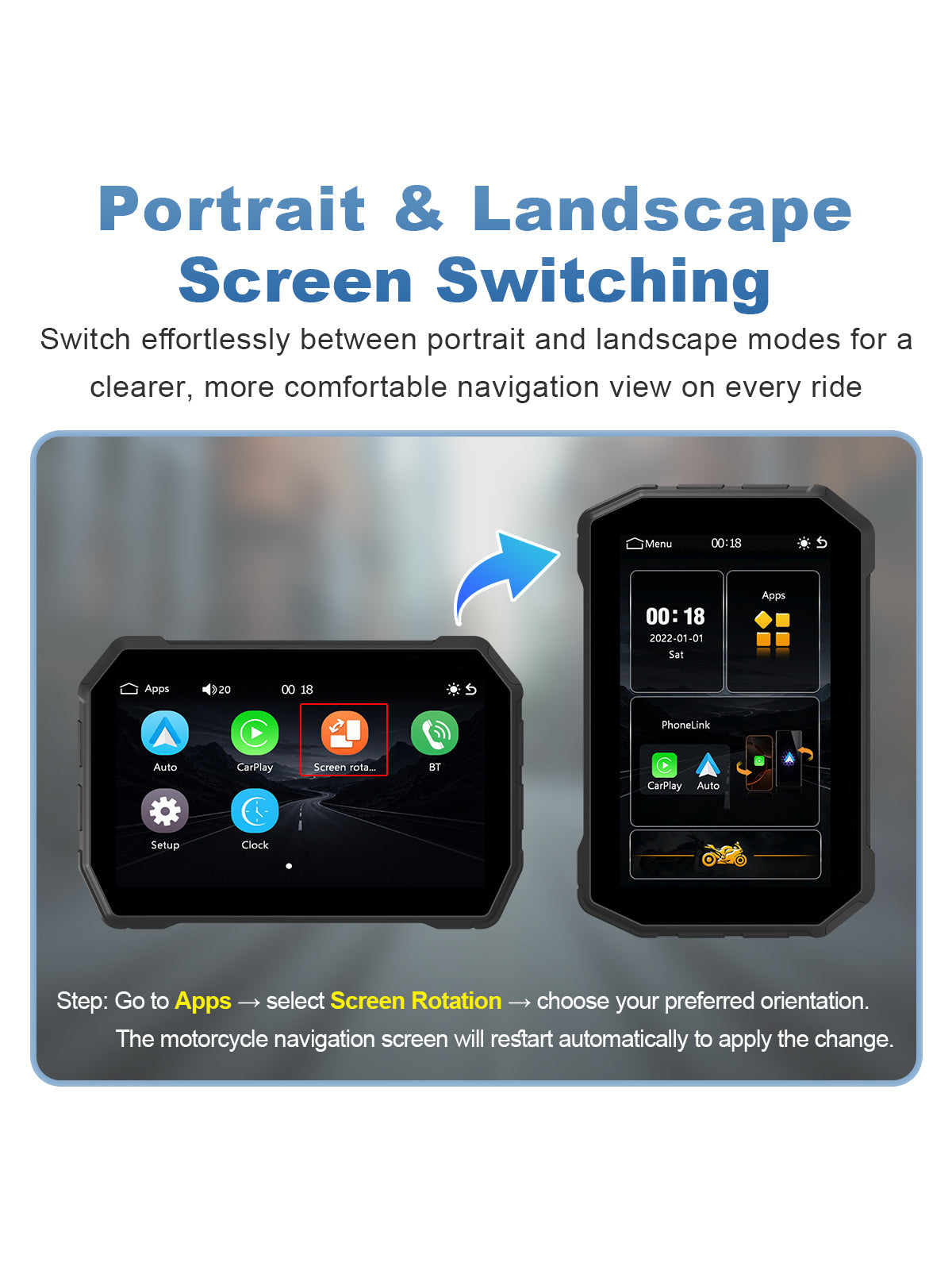 Linkifun MT2C 5-inch motorcycle navigation screen showing portrait and landscape mode switching through the Screen Rotation setting