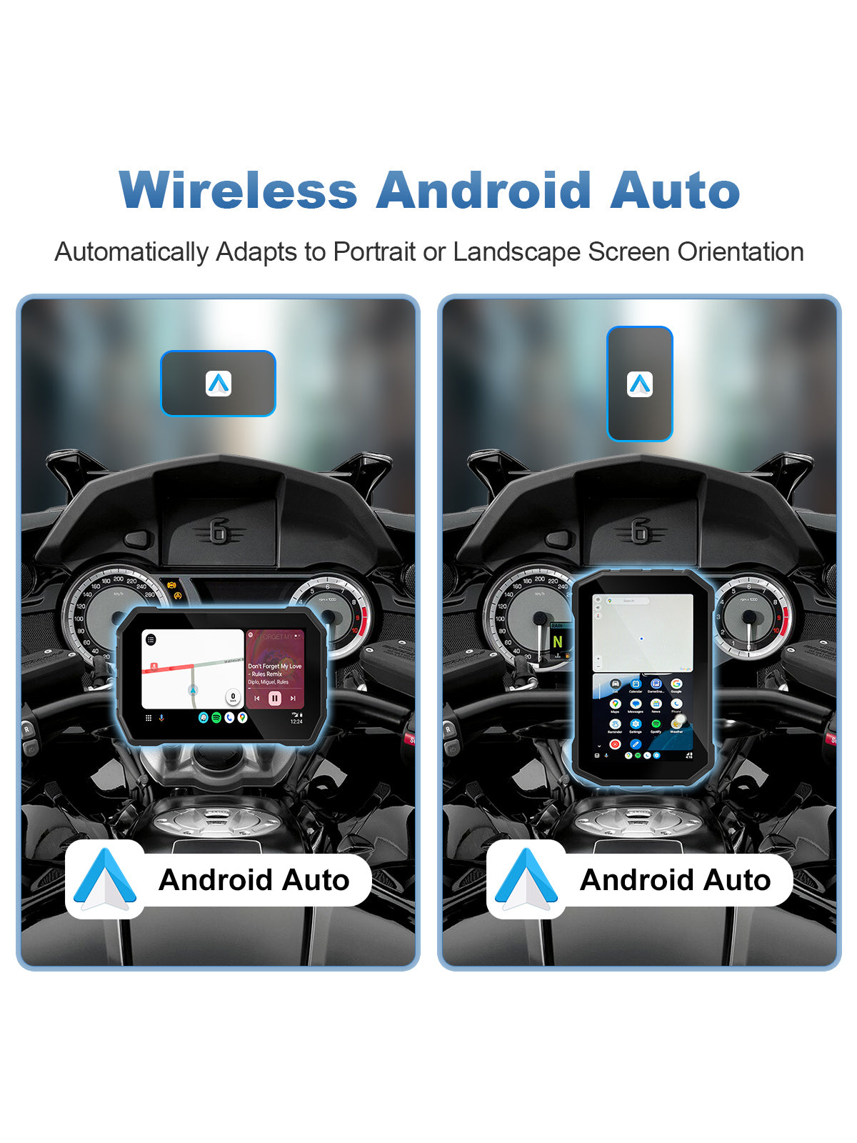 Linkifun MT2C 5-inch motorcycle navigation screen with wireless Android Auto, Google Maps, music, calls, Google Assistant, and portrait or landscape modes