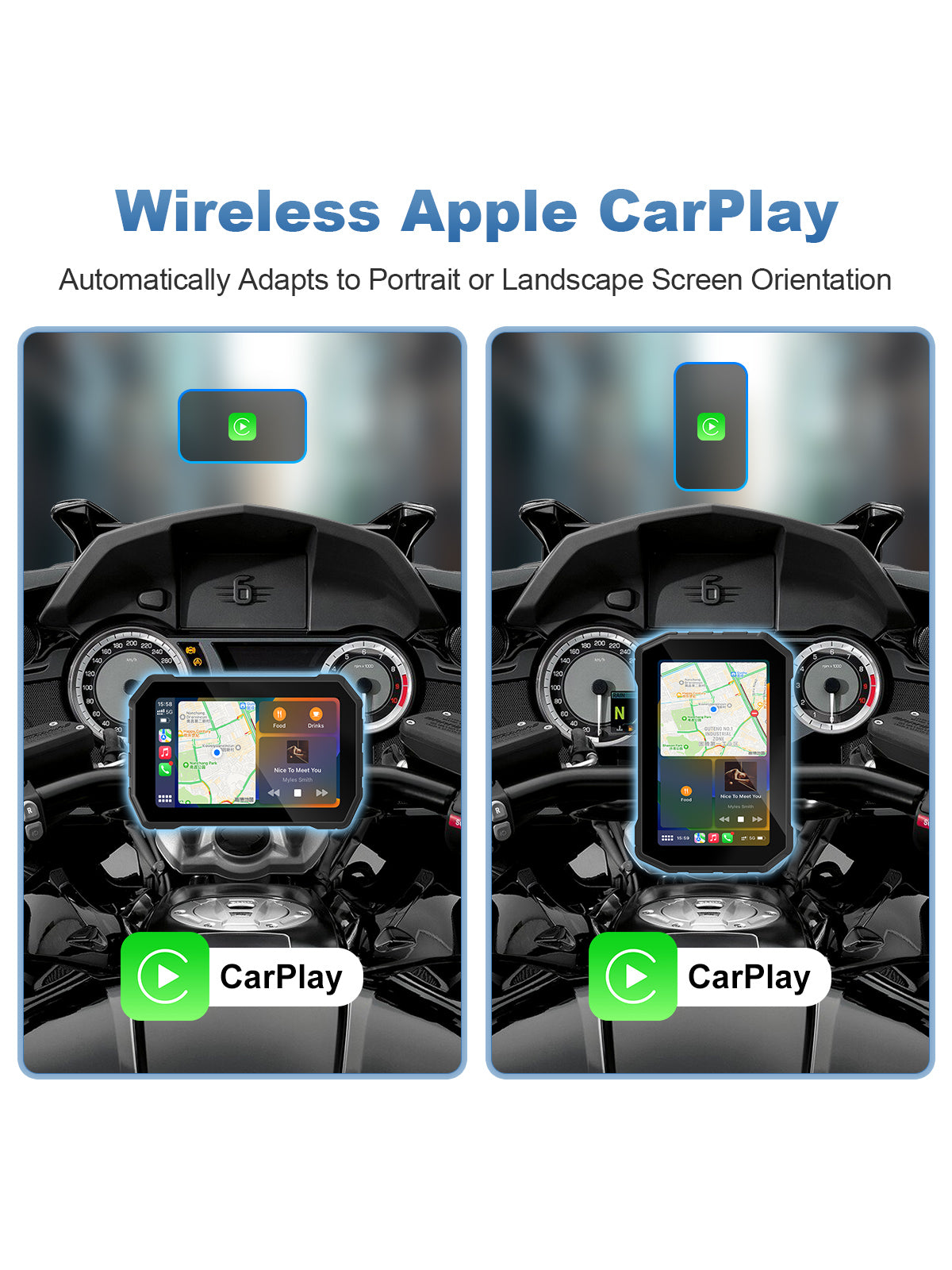 Linkifun MT2C 5-inch motorcycle navigation screen with wireless Apple CarPlay, Apple Maps, music, calls, Siri, and portrait or landscape display modes