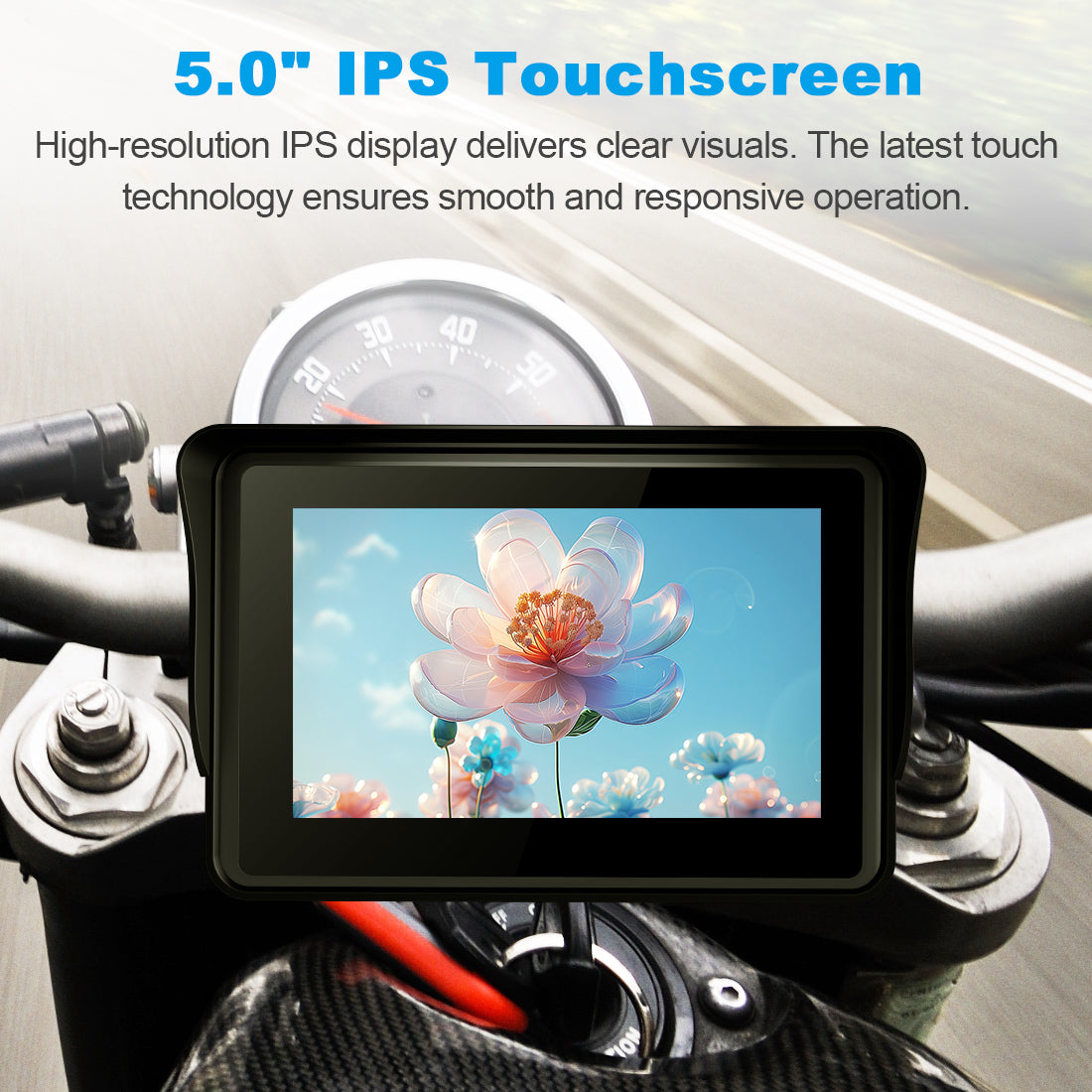 Motorcycle navigation screen with 5.0-inch IPS touchscreen, offering high-resolution clarity and smooth, responsive operation.