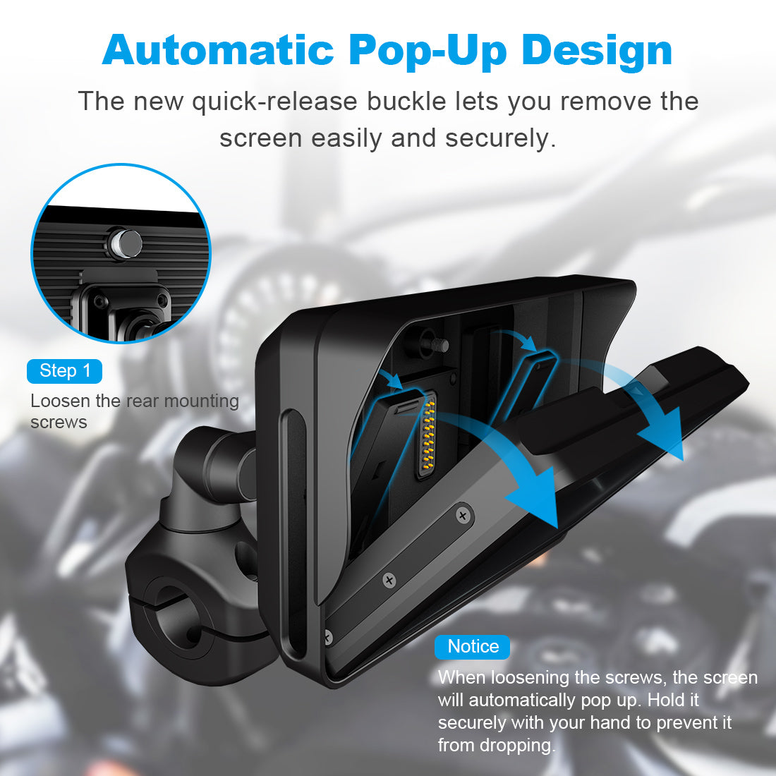 Linkifun MT3 motorcycle navigation screen with 1-second automatic quick release design, tool-free removal without cables or multiple screws.