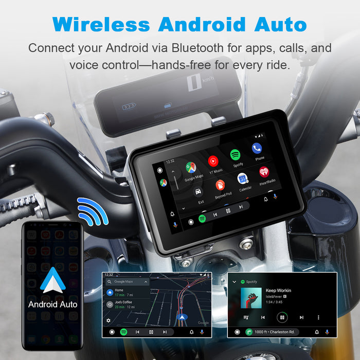 Motorcycle navigation screen with wireless Android Auto for Android, enabling Google Maps, music playback, calls, and Google Assistant.