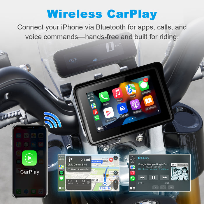Motorcycle navigation screen with wireless Apple CarPlay for iPhone, offering maps, music, calls, and Siri control.