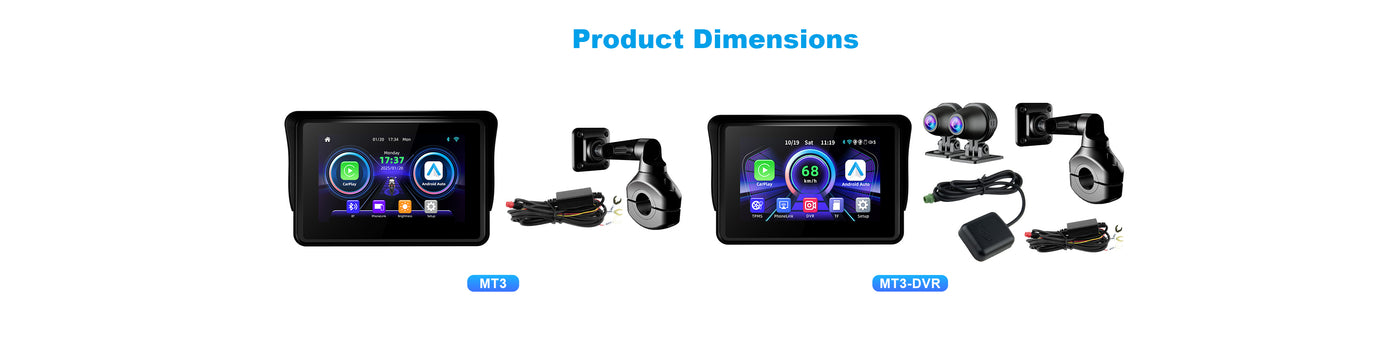 MT3 motorcycle navigation screen dimension diagram with detailed size measurements for installation reference.