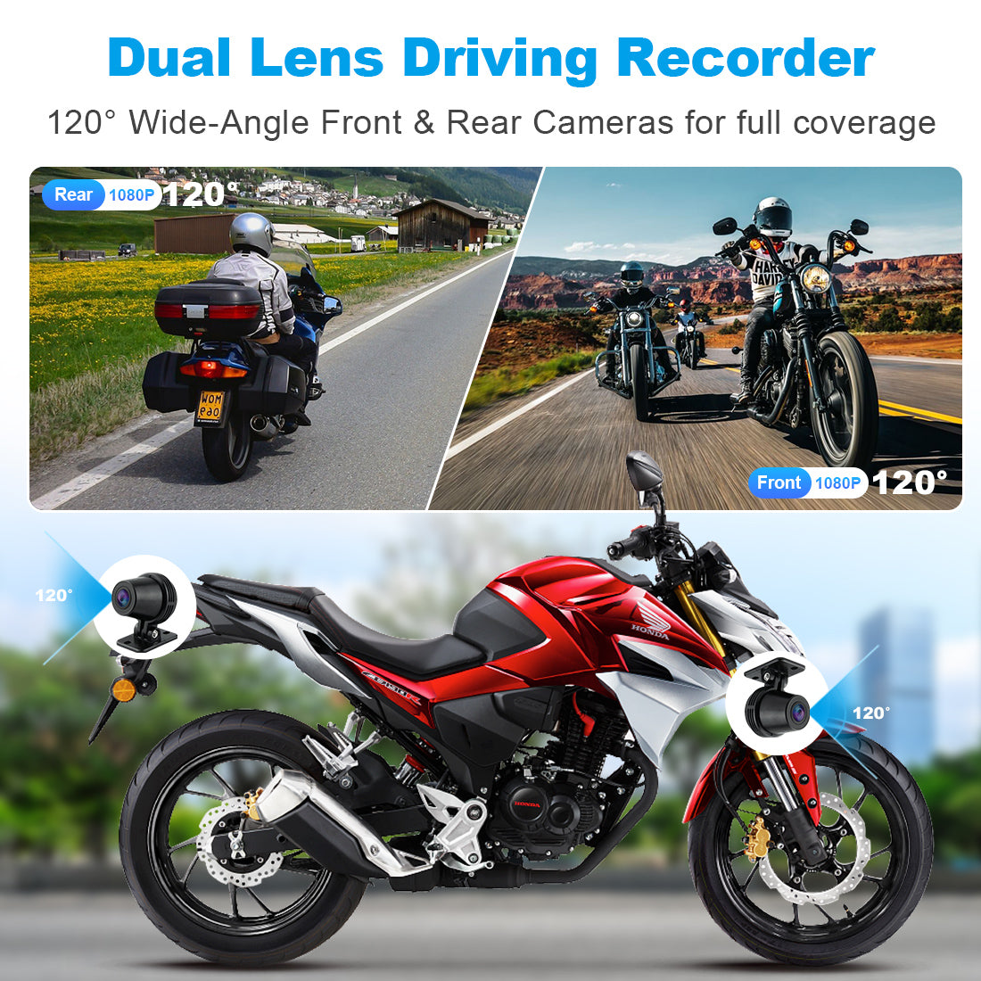 Optional DVR package for motorcycle navigation screen with dual-lens front and rear cameras, 120° wide-angle coverage, and built-in GPS for ride recording and tracking.