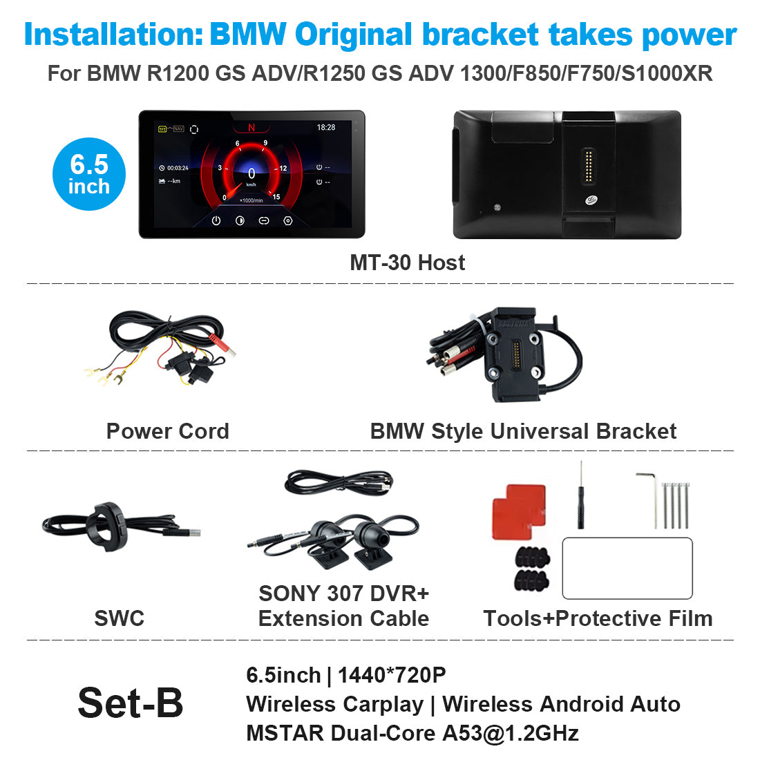 Linkifun™ MT20/MT30 5.5"/6.5" Wireless CarPlay Android Auto Dashboard Navigation Screen with DVR – Special for BMW Motorcycles