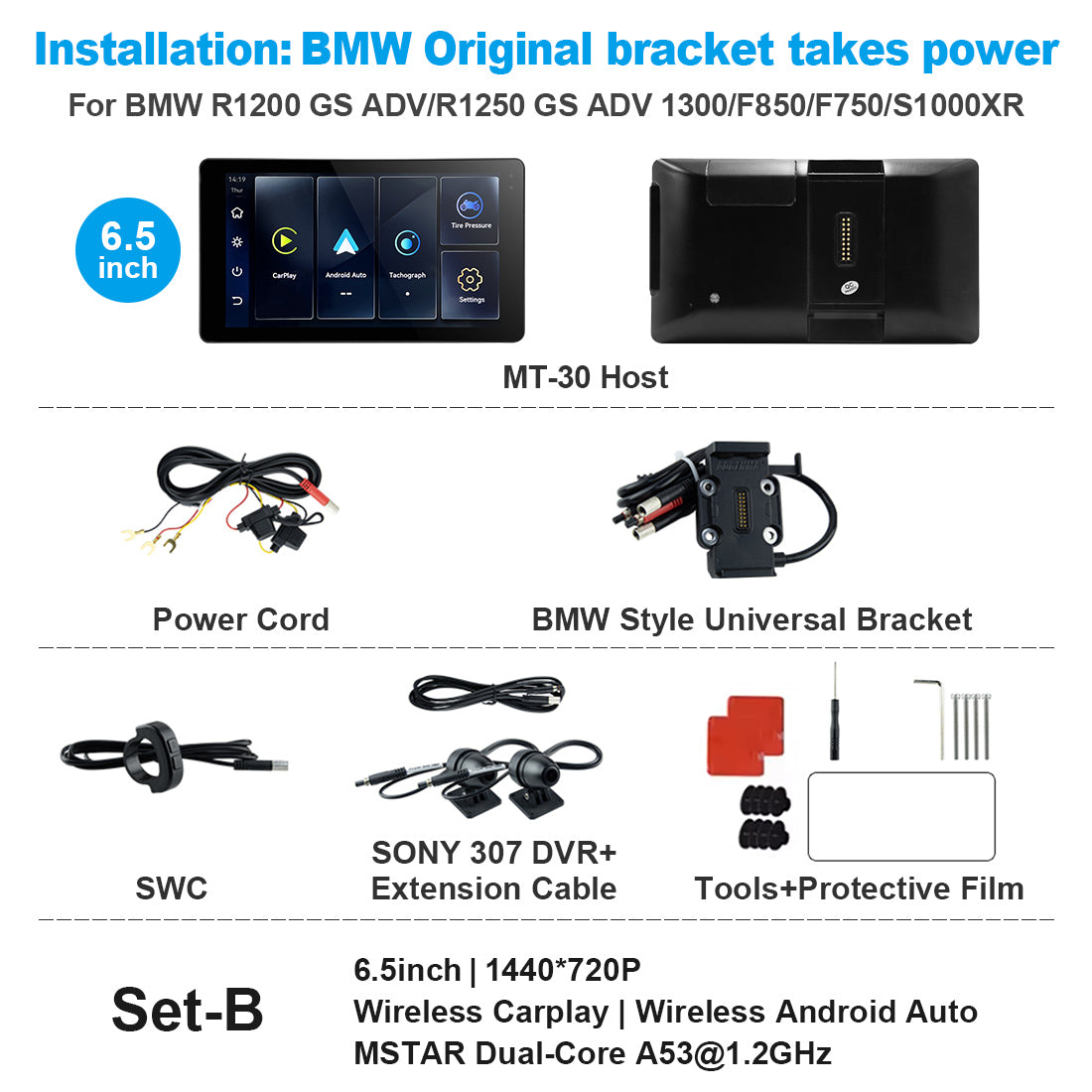 Linkifun™ MT20/MT30 5.5"/6.5" Wireless CarPlay Android Auto Dashboard Navigation Screen with DVR – Special for BMW Motorcycles