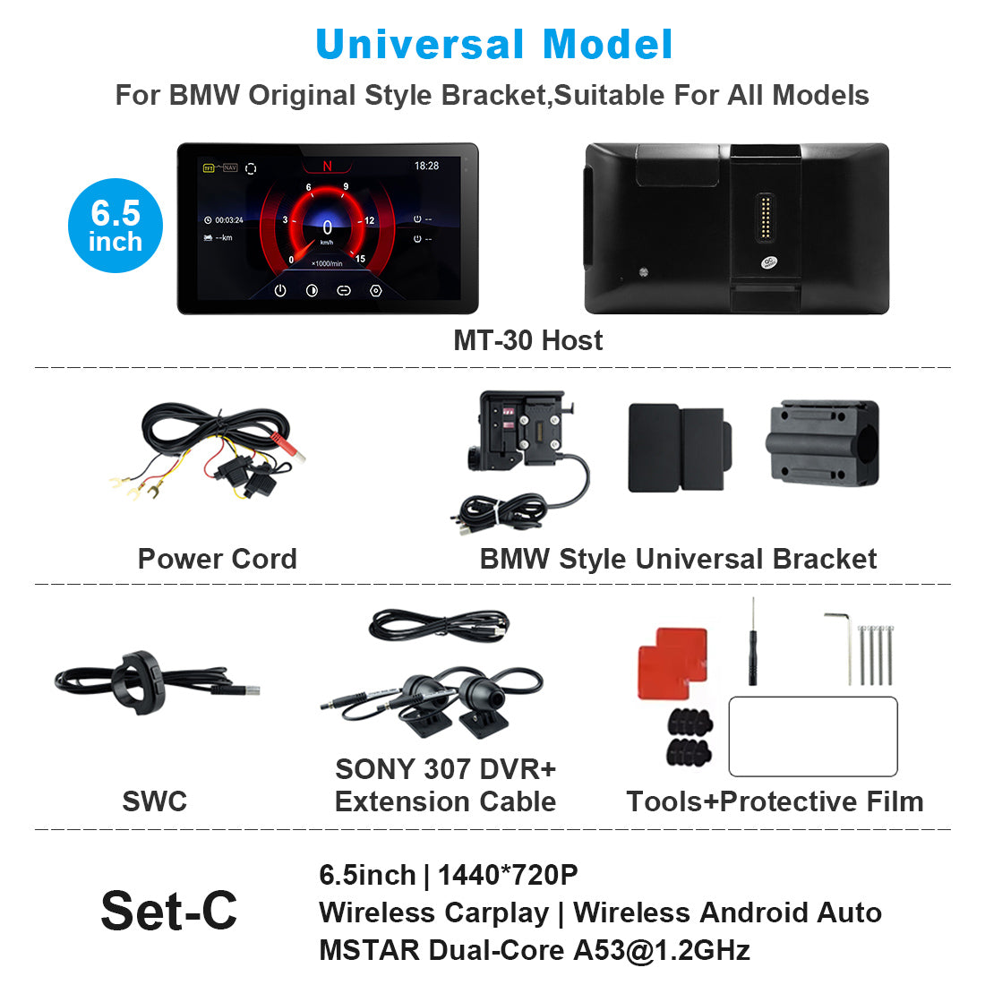 Linkifun™ MT20/MT30 5.5"/6.5" Wireless CarPlay Android Auto Dashboard Navigation Screen with DVR – Special for BMW Motorcycles