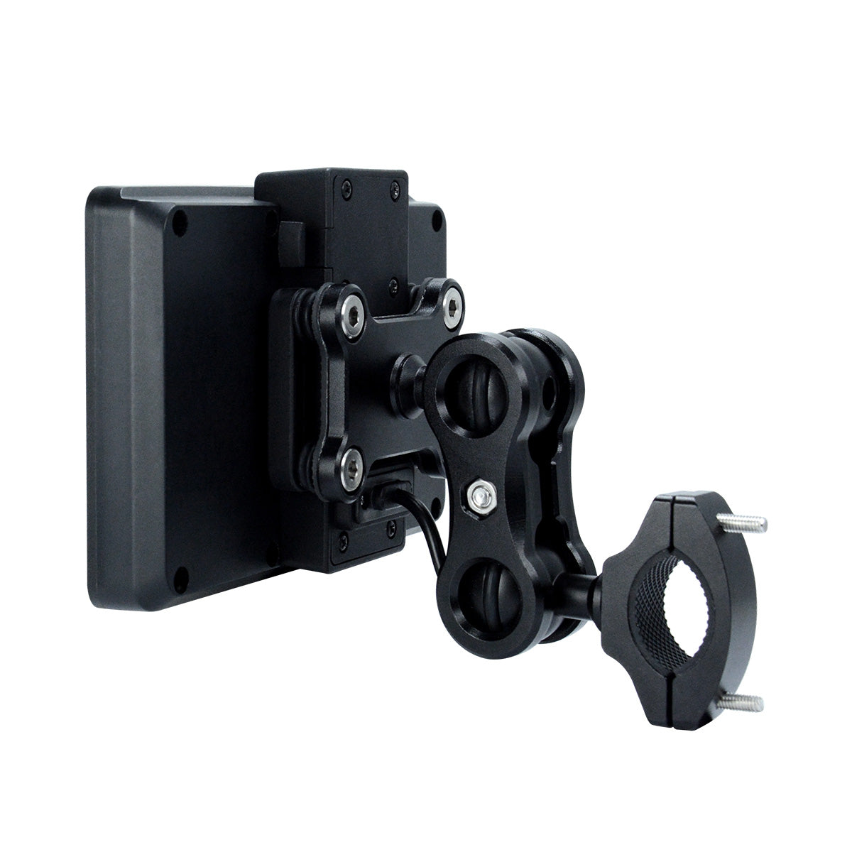 Rear view of the Linkifun adjustable ball-joint mount for MT3A, MT3C and MT3D motorcycle navigation screens with multi-angle adjustment and crossbar clamp installation.