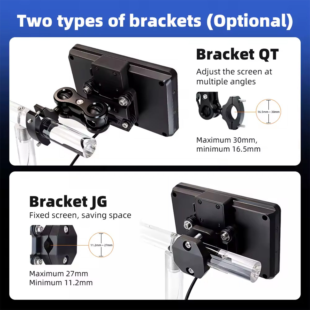 Linkifun rear mounting brackets for MT3A, MT3C and MT3D motorcycle navigation screens, including an adjustable ball-joint mount for 16.5–30 mm bars and a fixed crossbar clamp mount for 11.2–27 mm bars.