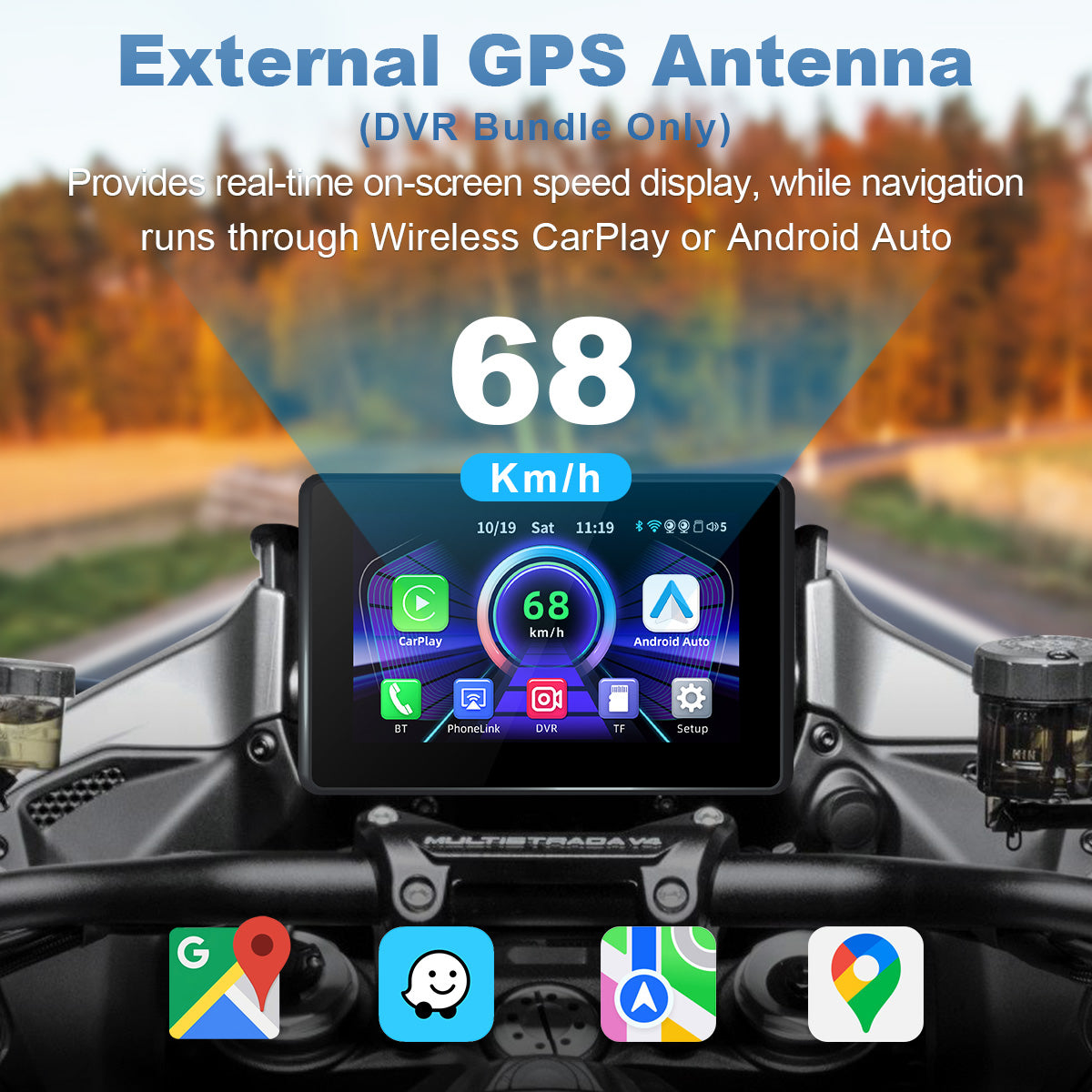 Linkifun™ MT3B + Bracket 5" Motorcycle Navigation Screen – Wireless CarPlay & Android Auto, Screen Mirroring, Optional DVR & GPS