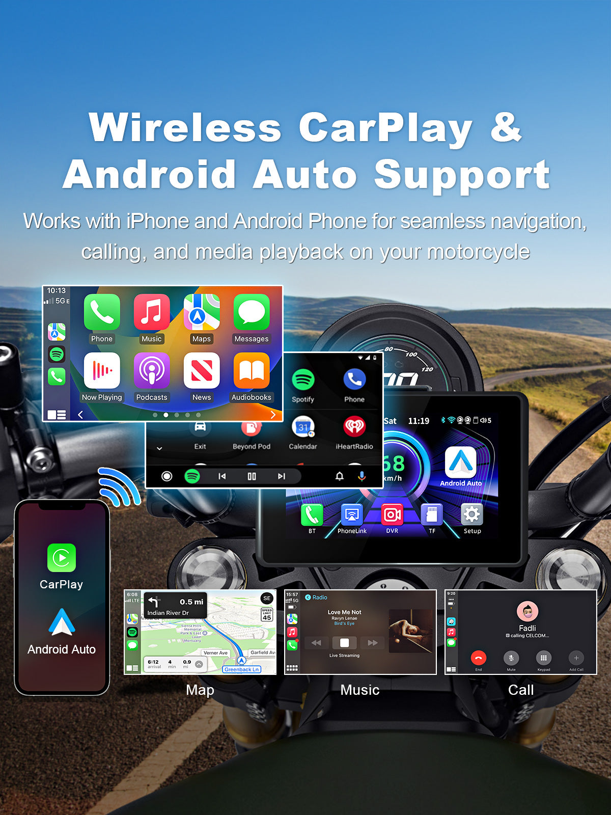 Linkifun MT3B universal bracket motorcycle navigation screen with DVR GPS wireless CarPlay and Android Auto connection