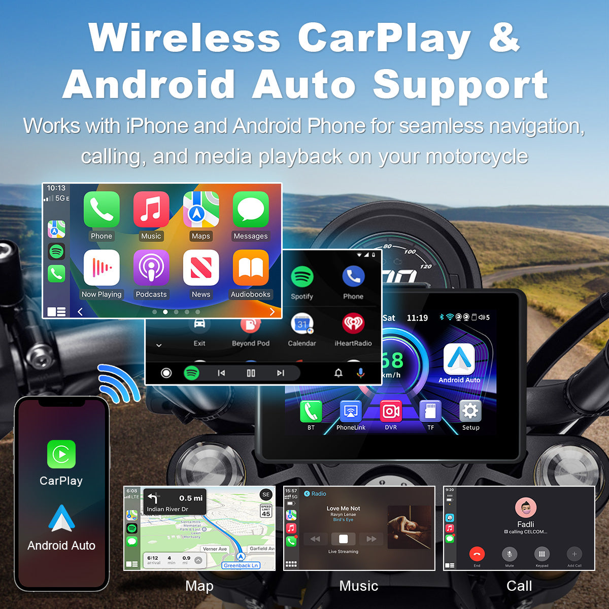 Linkifun™ MT3B + Bracket 5" Motorcycle Navigation Screen – Wireless CarPlay & Android Auto, Screen Mirroring, Optional DVR & GPS