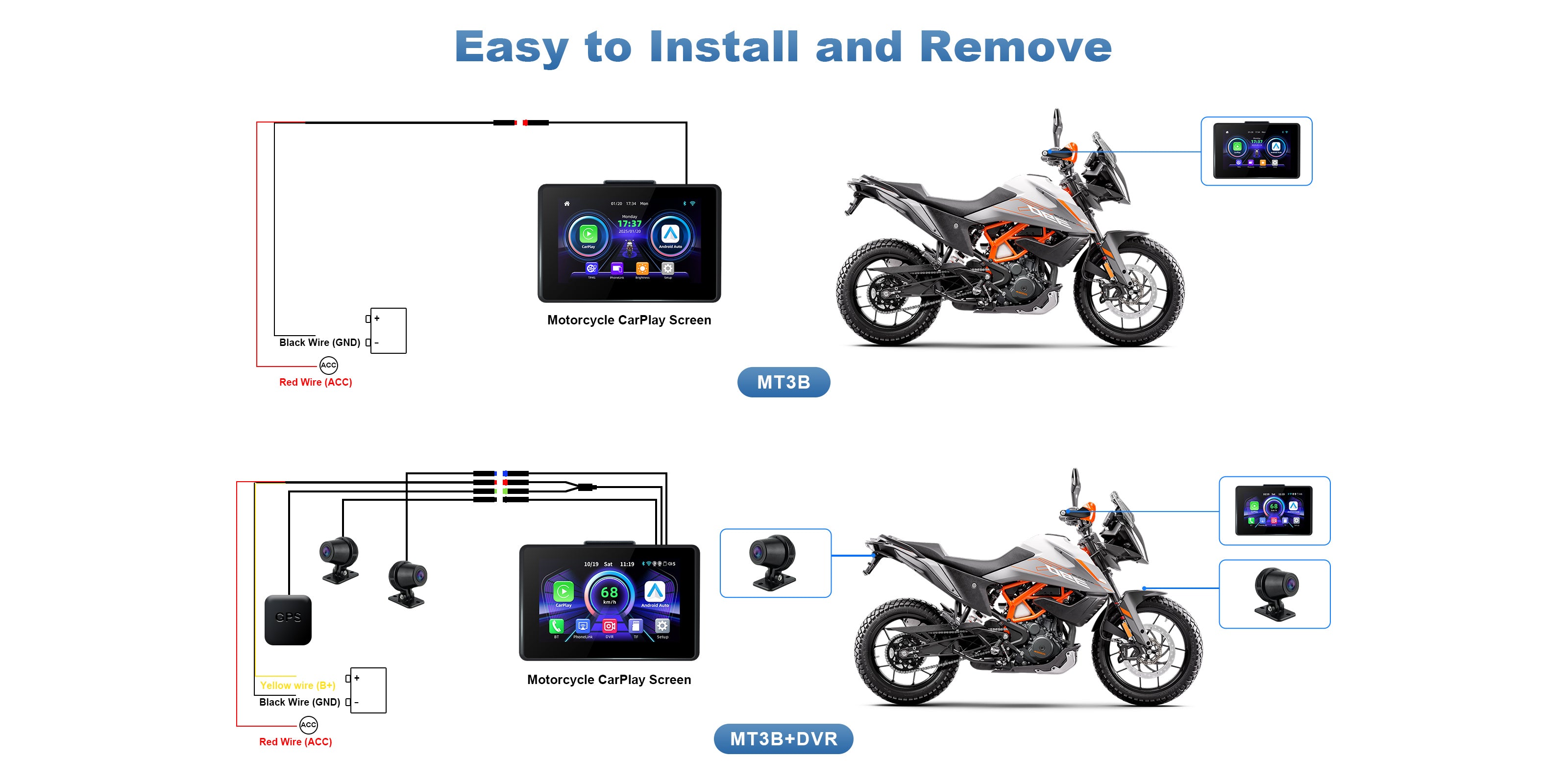 Linkifun MT3B motorcycle navigation screen with universal bracket installation diagram desktop version