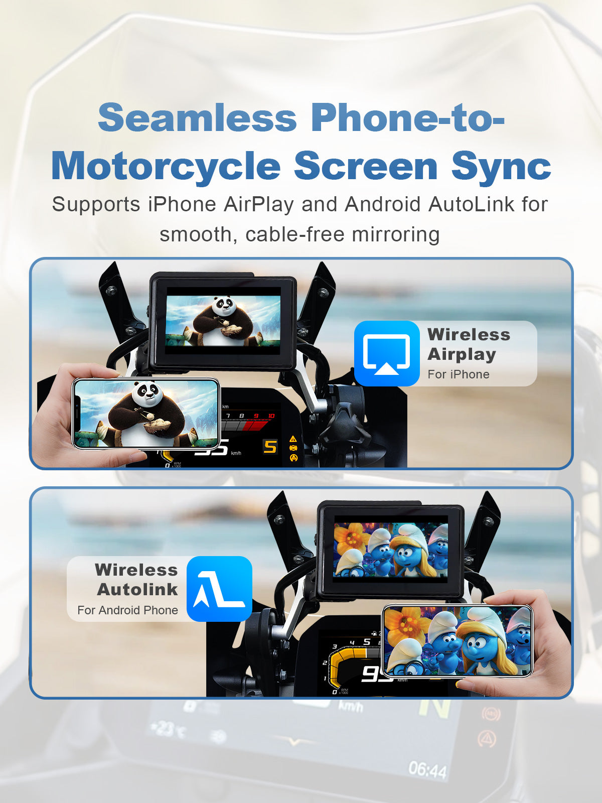 Linkifun MT3C 5-inch motorcycle navigation screen with wireless screen mirroring via AirPlay for iPhone and AutoLink for Android phones