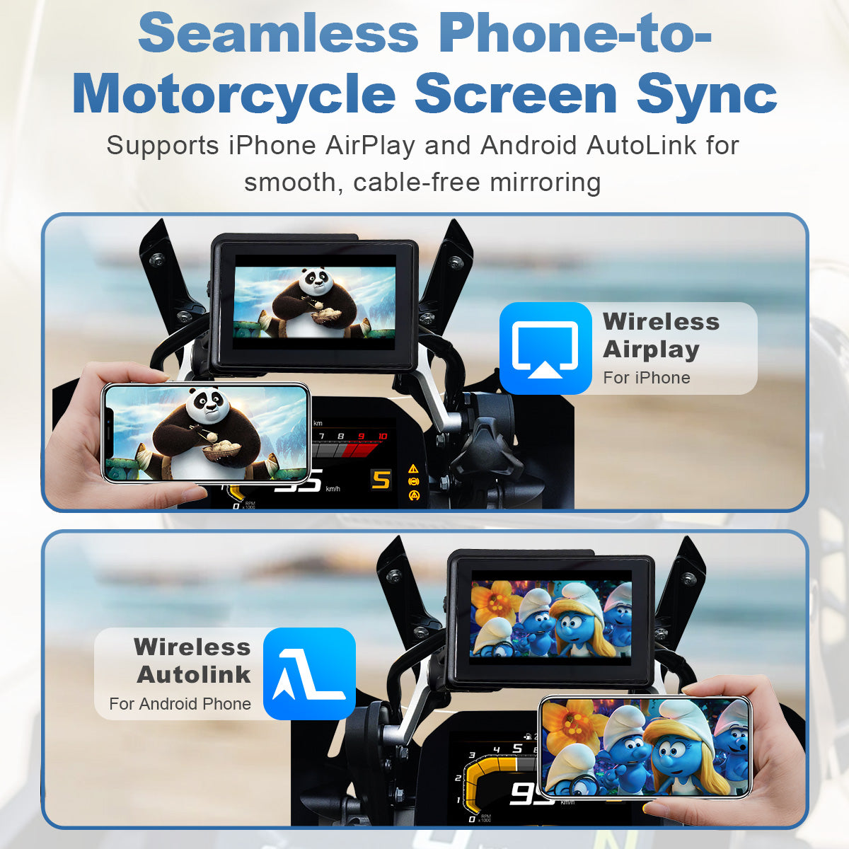 Pantalla inteligente de navegación para motocicleta Linkifun™ MT3C de 5" con Android 14 para motocicletas BMW: Google Play, GPS integrado, Wi‑Fi, CarPlay inalámbrico y Android Auto