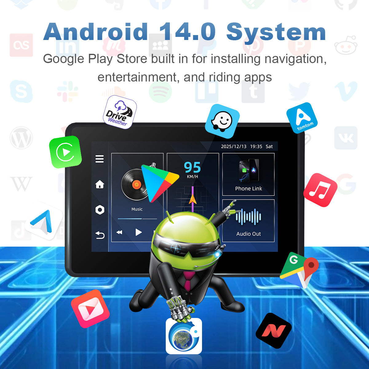 Linkifun™ MT3D / MT3C + Bracket 5" Android 13 / Android 14 Smart Display for Universal Motorcycles – Google Play, GPS, Wi-Fi, Wireless CarPlay & Android Auto