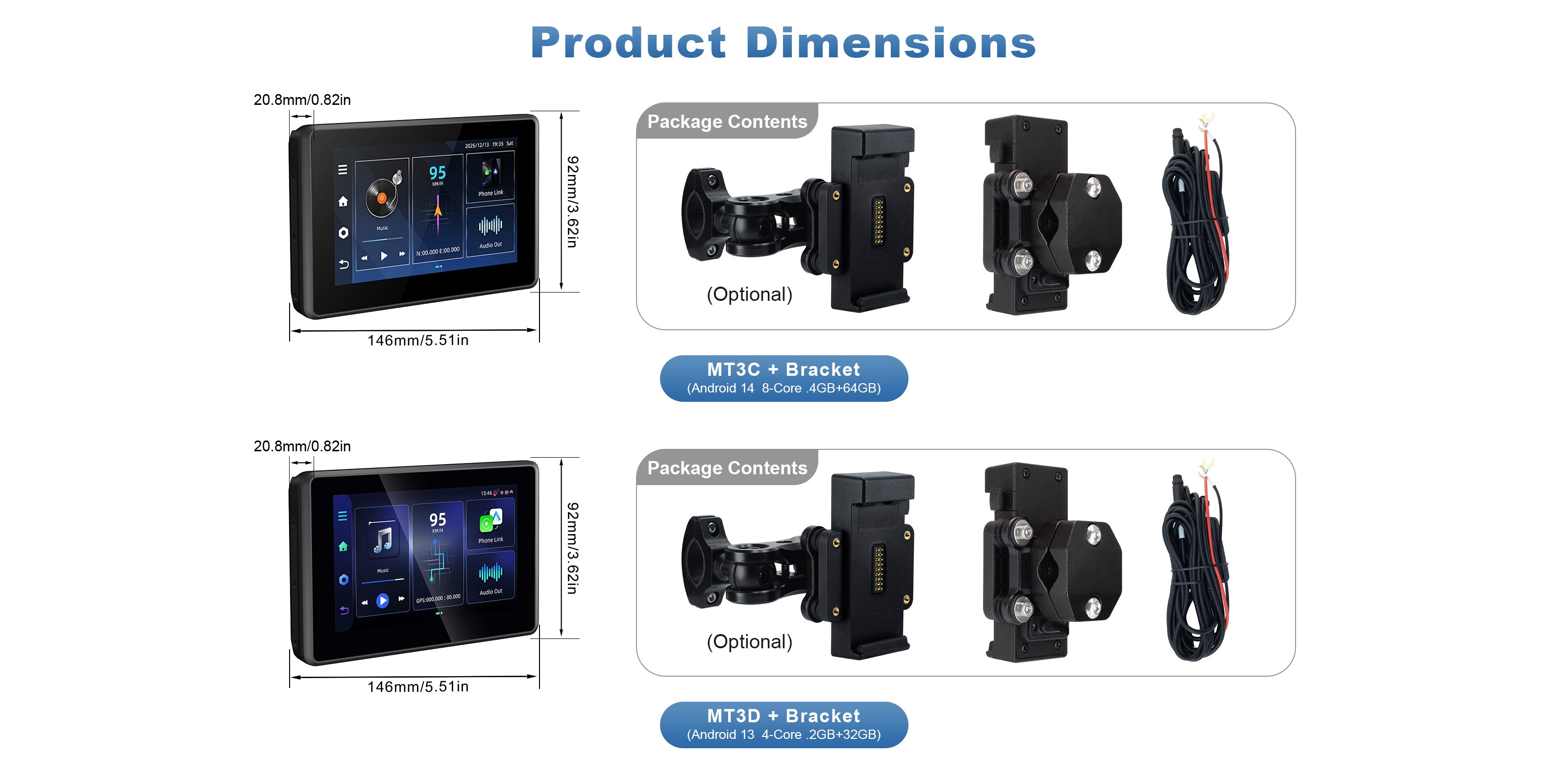 Linkifun MT3C MT3D universal bracket motorcycle smart display Android 13 Android 14 specifications chart desktop view