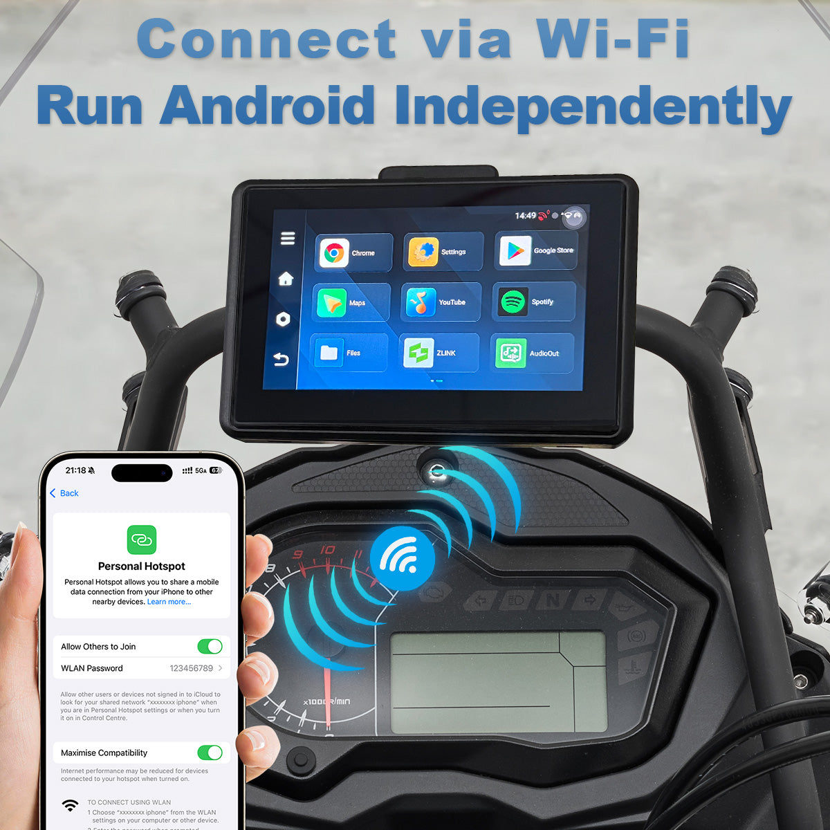 Linkifun™ MT3D / MT3C + Bracket 5" Android 13 / Android 14 Smart Display for Universal Motorcycles – Google Play, GPS, Wi-Fi, Wireless CarPlay & Android Auto