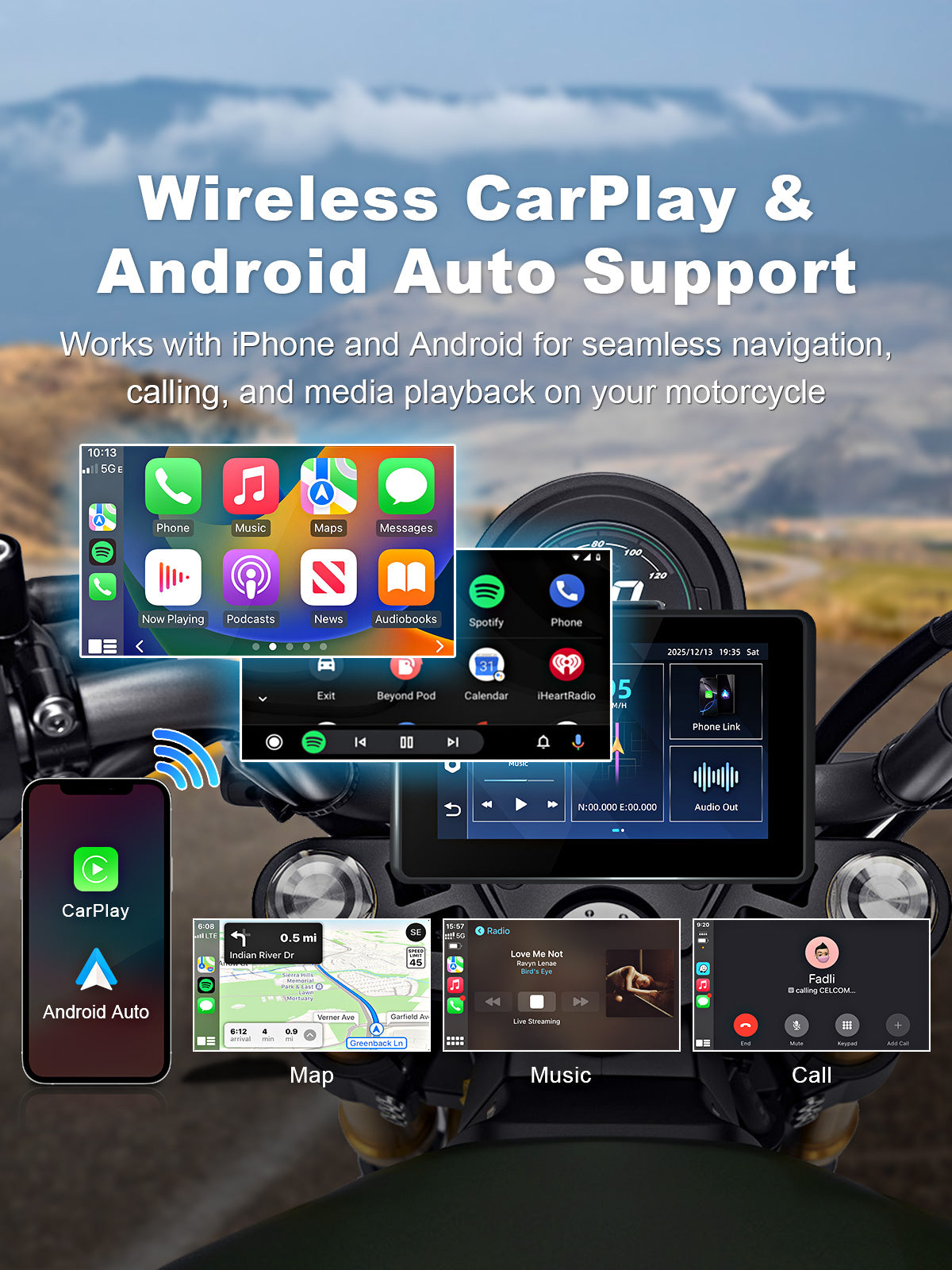 Linkifun MT3C MT3D universal bracket android 13 android 14 motorcycle smart display wireless CarPlay Android Auto system switching interface