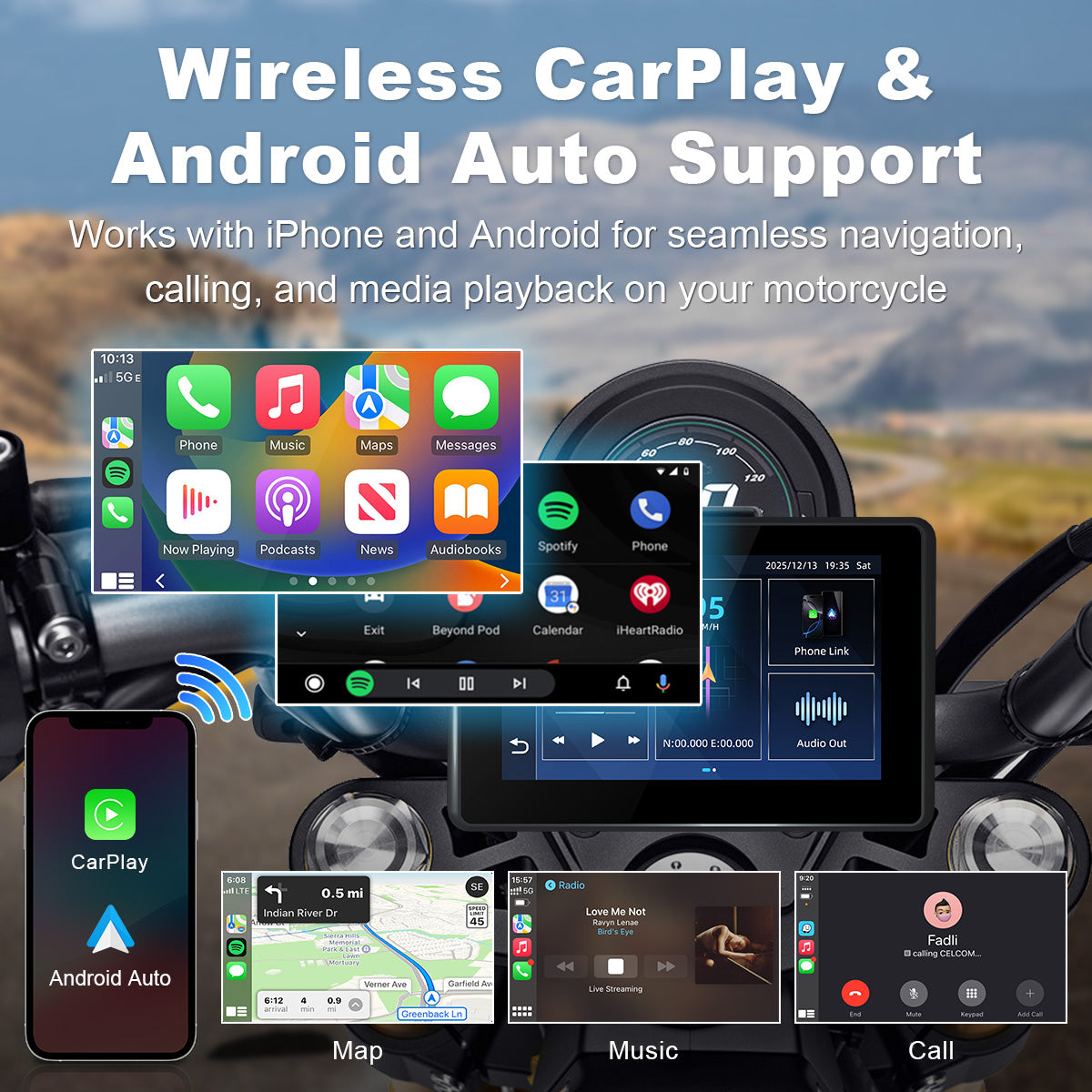 Linkifun™ MT3D / MT3C + Bracket 5" Android 13 / Android 14 Smart Display for Universal Motorcycles – Google Play, GPS, Wi-Fi, Wireless CarPlay & Android Auto