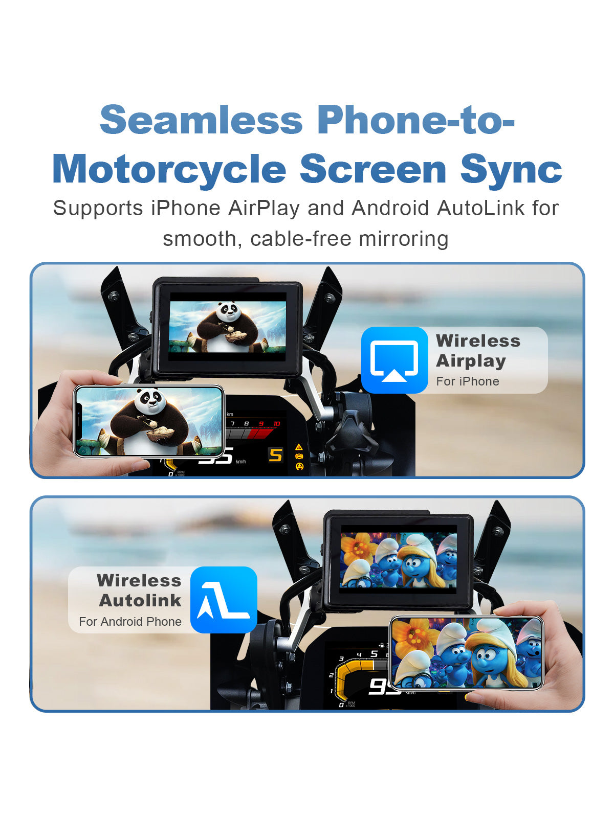 Linkifun MT3C 5-inch motorcycle navigation screen with wireless screen mirroring via AirPlay for iPhone and AutoLink for Android phones