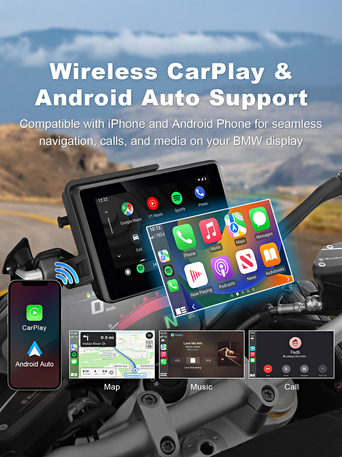 Linkifun MT3D BMW motorcycle display wireless CarPlay Android Auto system switching interface