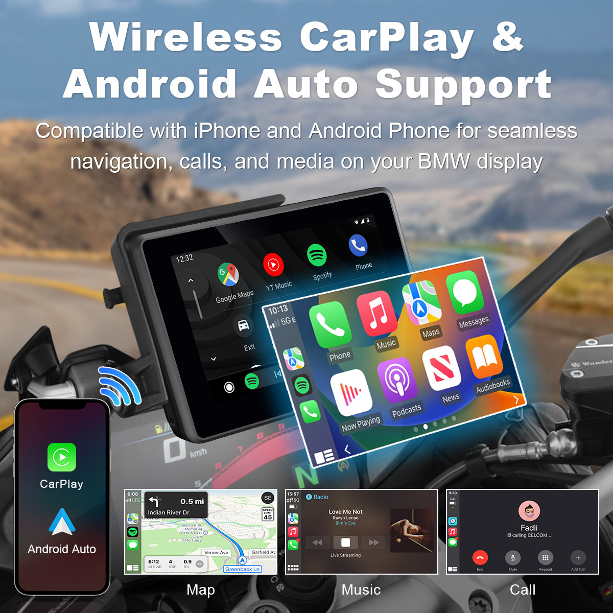 Linkifun™ MT3D 5" Android 13 Motorcycle Smart Display for BMW Motorcycles – GPS, Wi-Fi, Wireless CarPlay & Android Auto