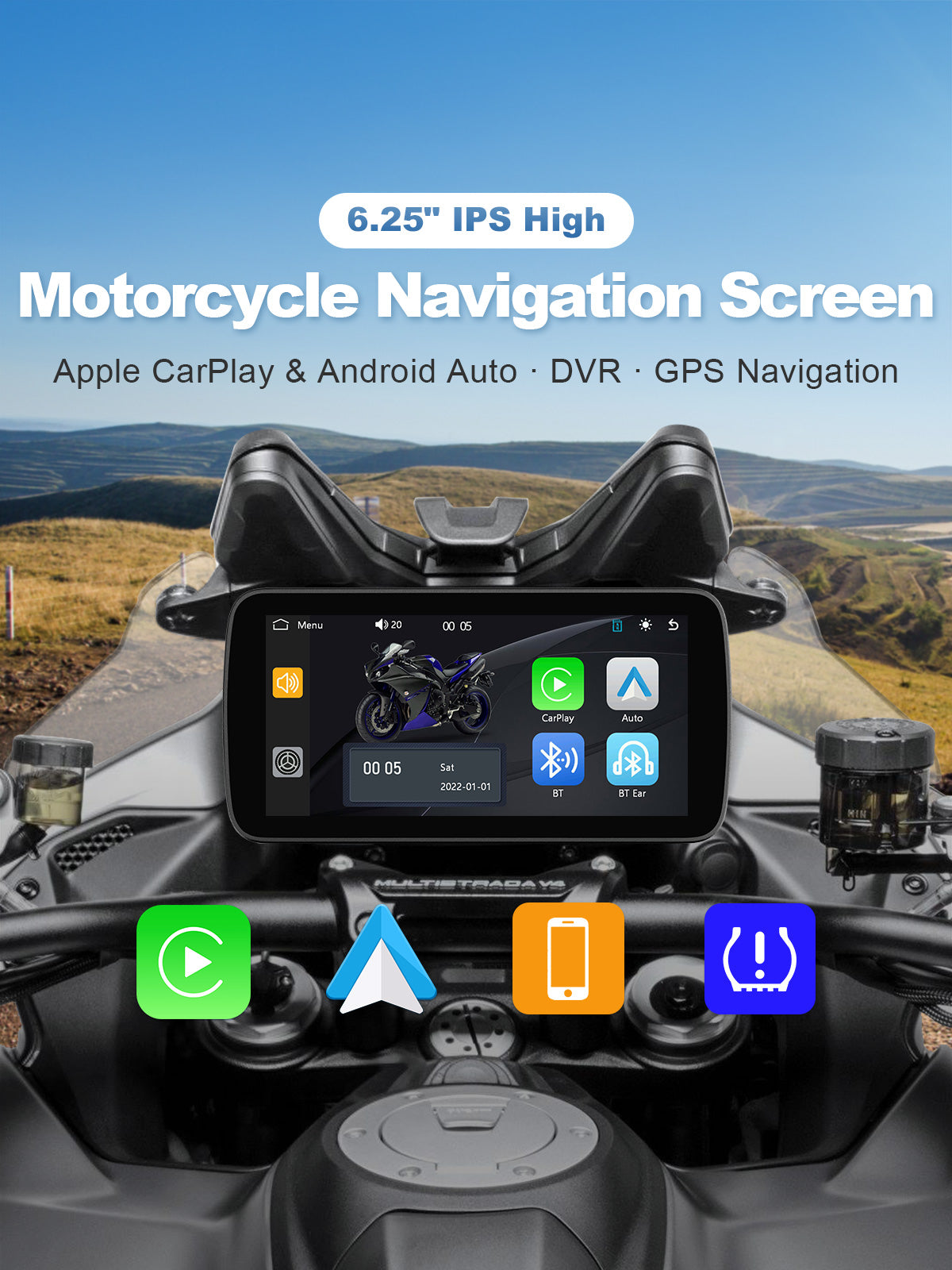 Linkifun MT5 6.25-inch motorcycle navigation display with wireless Apple CarPlay, Android Auto, phone mirroring, and optional TPMS, DVR, and GPS functions