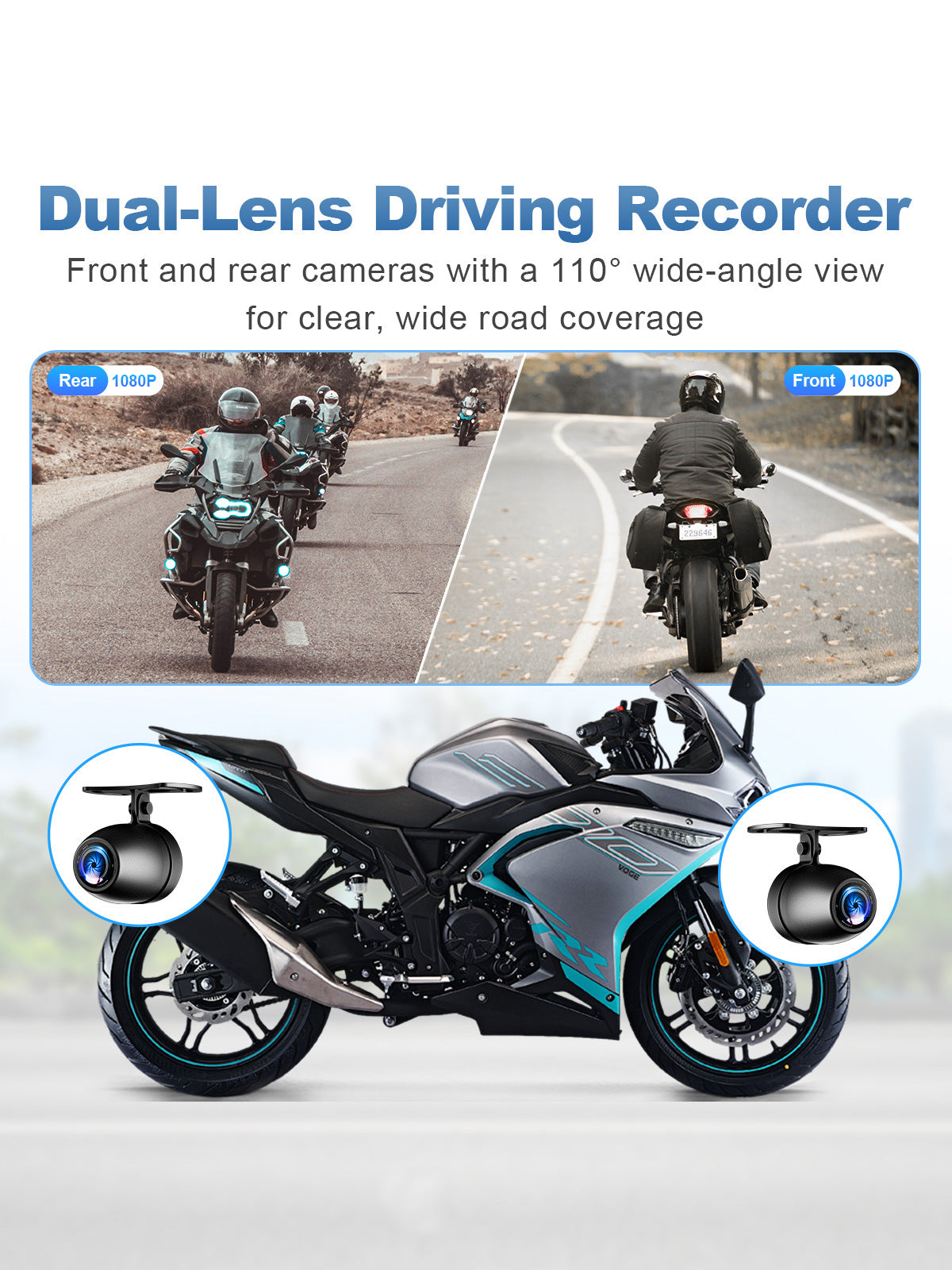 Linkifun MT5A motorcycle dash cam with dual 110 degree wide angle front and rear recording system