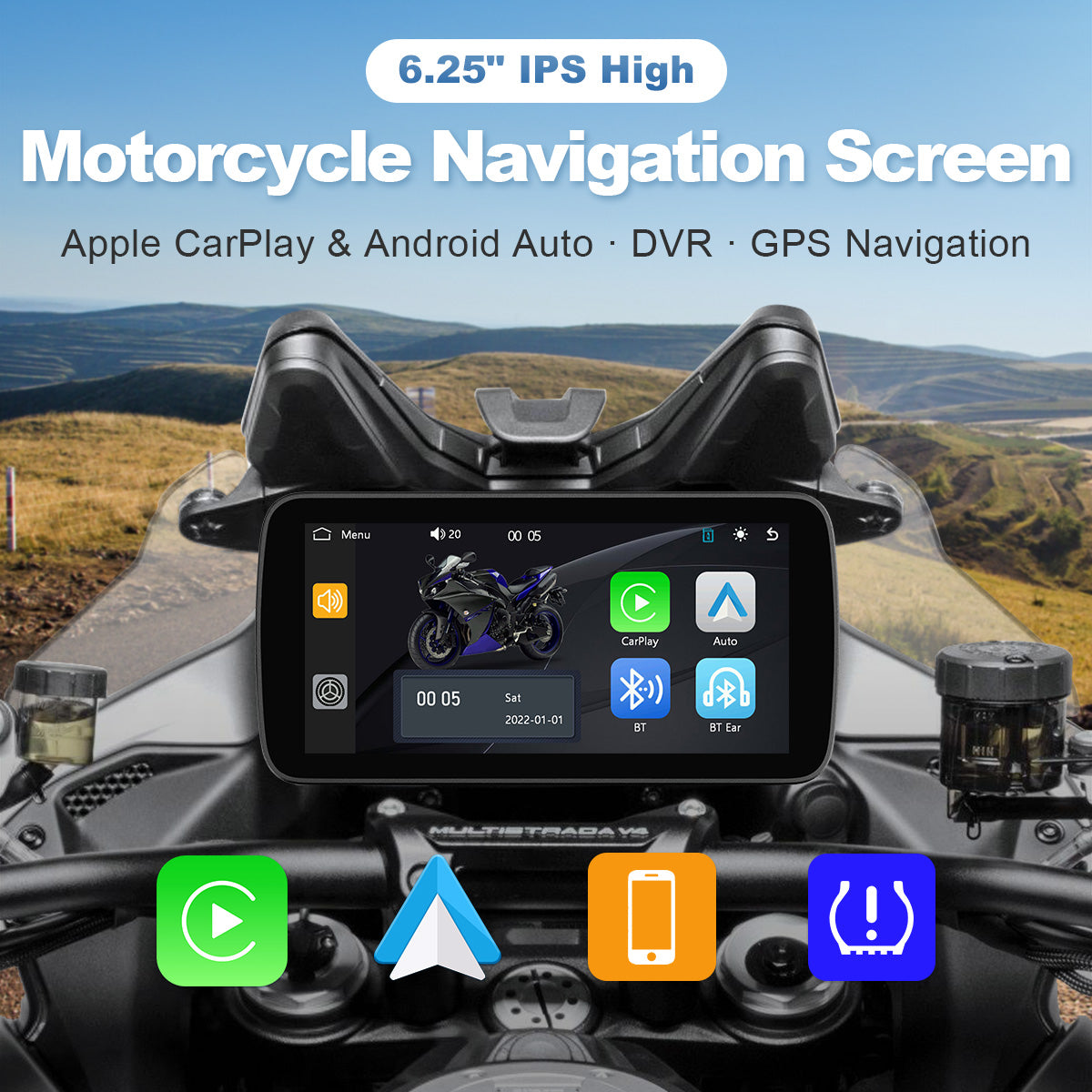 Linkifun™ MT5 6.25" Motorcycle Navigation Display with Wireless CarPlay, Android Auto, Screen Mirroring, Universal Mount Optional TPMS