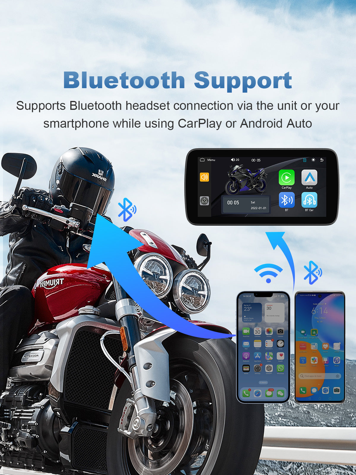 Linkifun MT5A motorcycle navigation screen with Bluetooth audio connection configuration for headset and smartphone