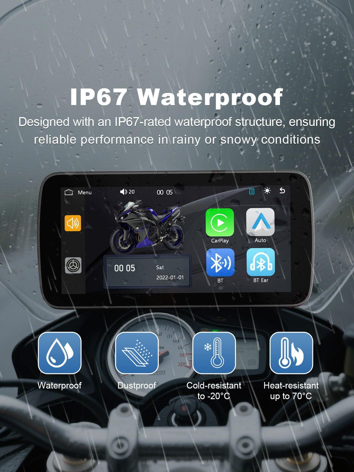 Linkifun MT5A motorcycle navigation screen and dash cam with IP67 waterproof and dustproof housing