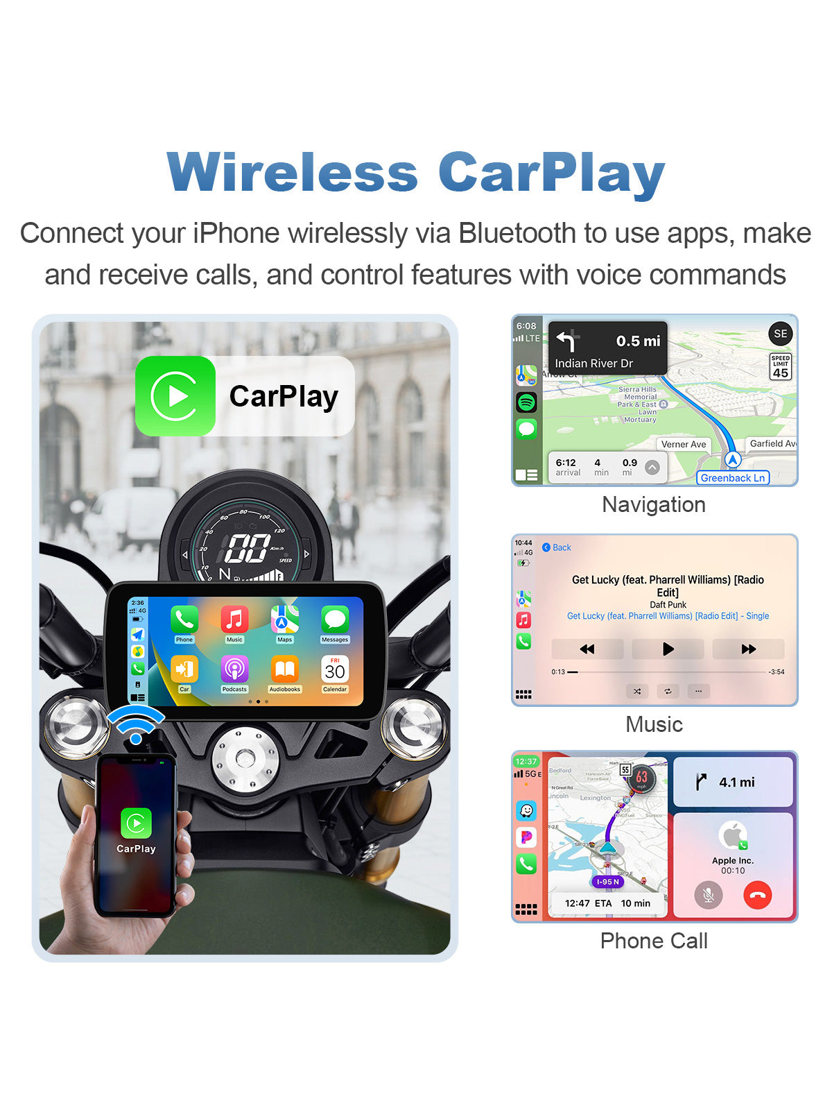 Linkifun MT5A motorcycle navigation screen with wireless Apple CarPlay interface display