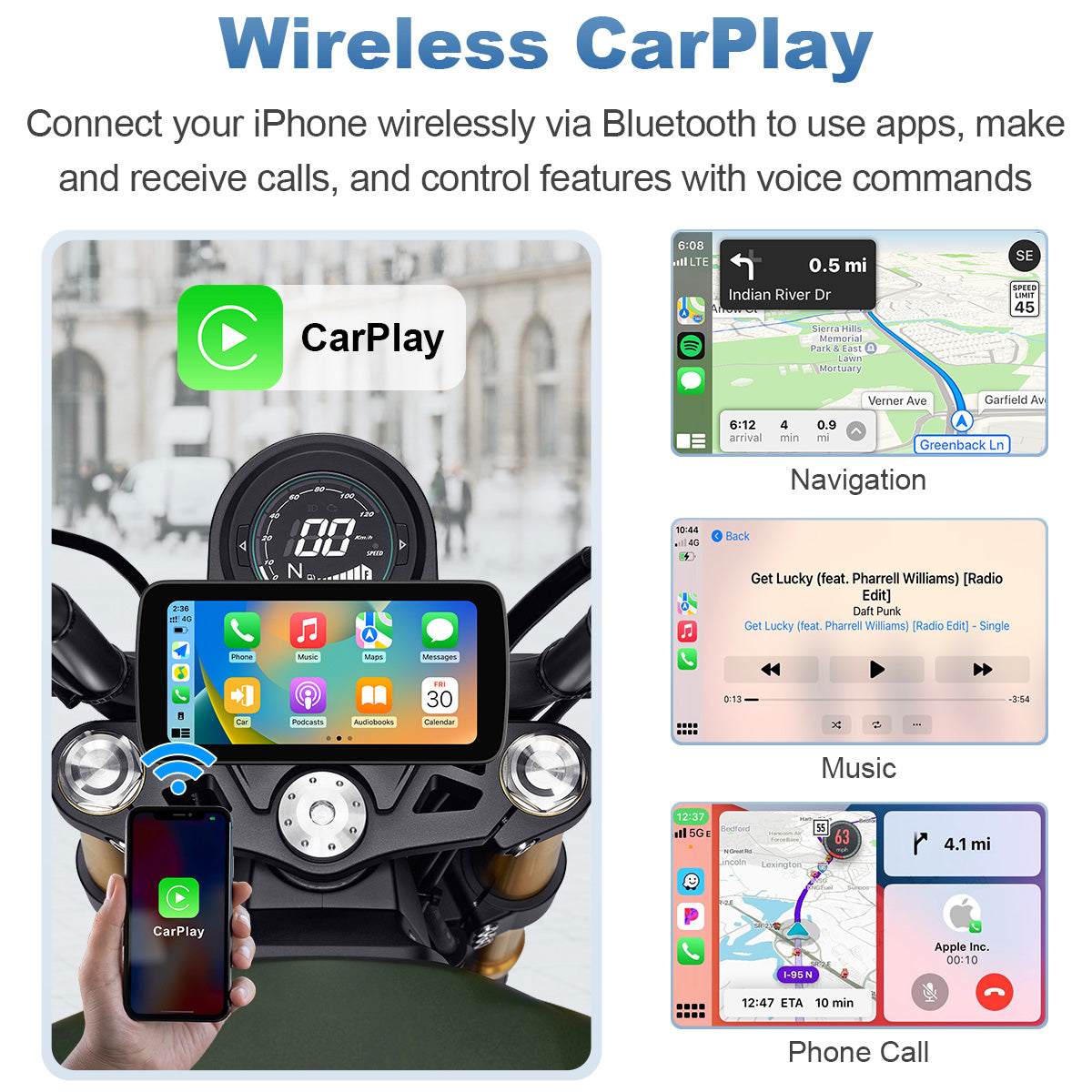Linkifun™ MT5 / MT5A 6.25" Motorcycle Navigation Display with Wireless CarPlay, Android Auto, Screen Mirroring, Universal Mount (Optional DVR, GPS & TPMS)