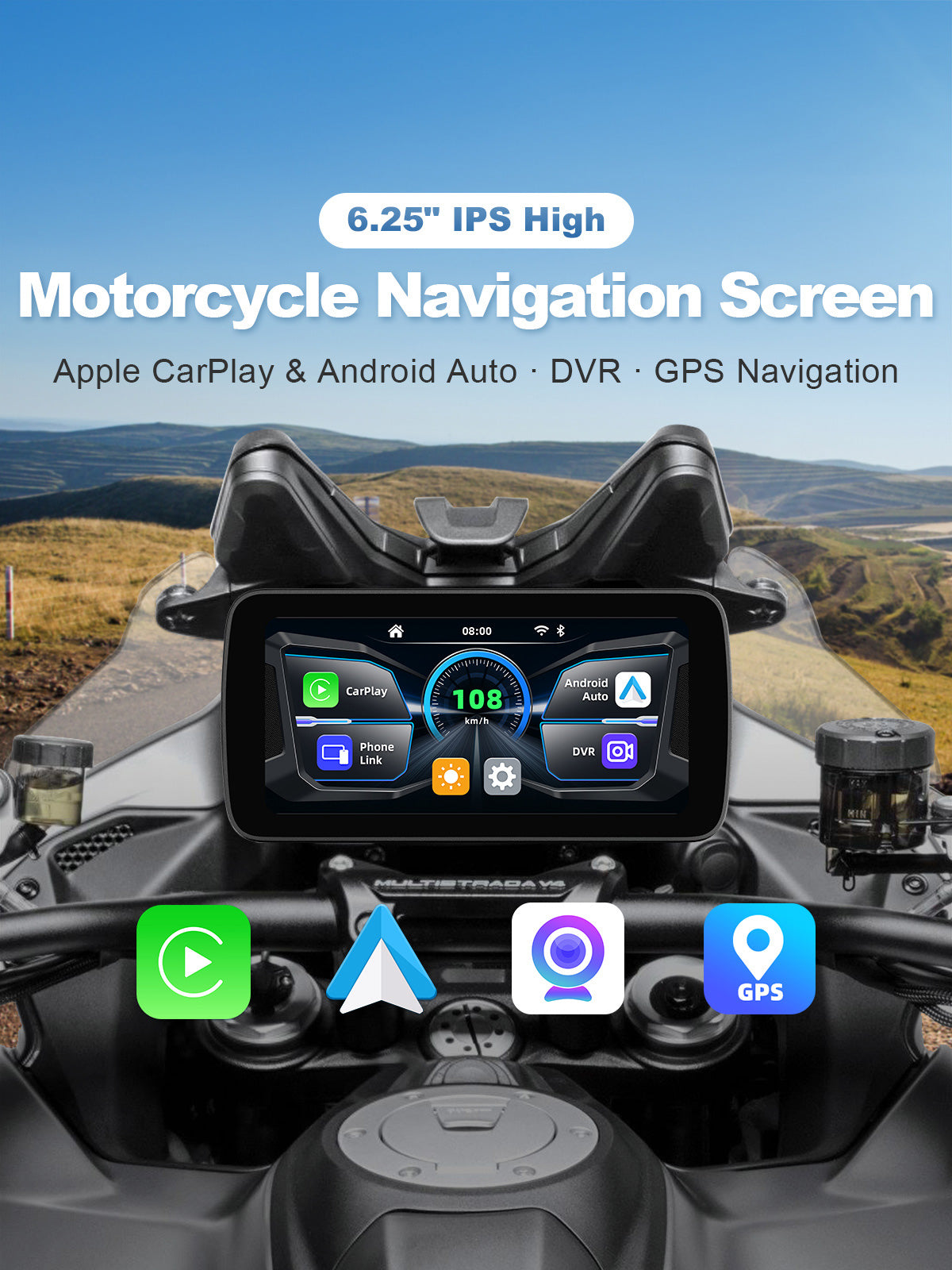 Linkifun MT5A motorcycle navigation screen with wireless Apple CarPlay and Android Auto interface display