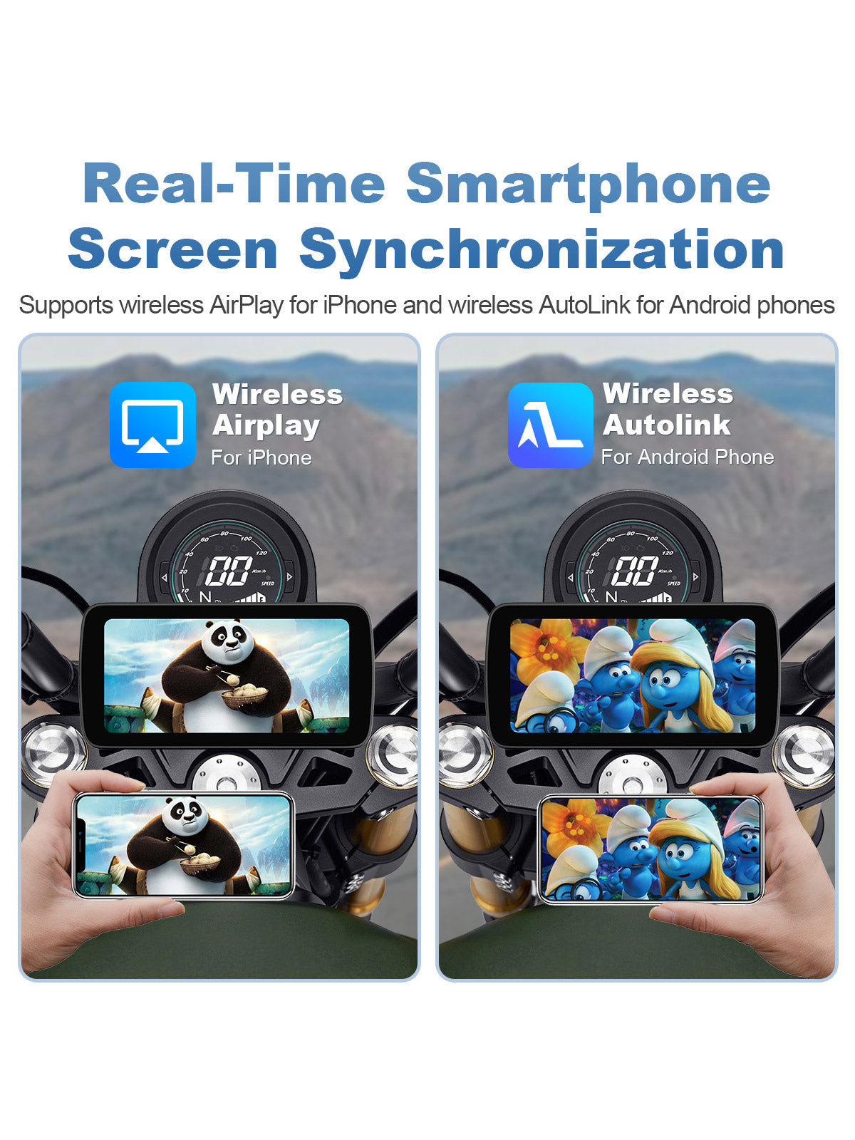 Linkifun MT5A motorcycle navigation screen with wireless screen mirroring via AirPlay and AutoLink