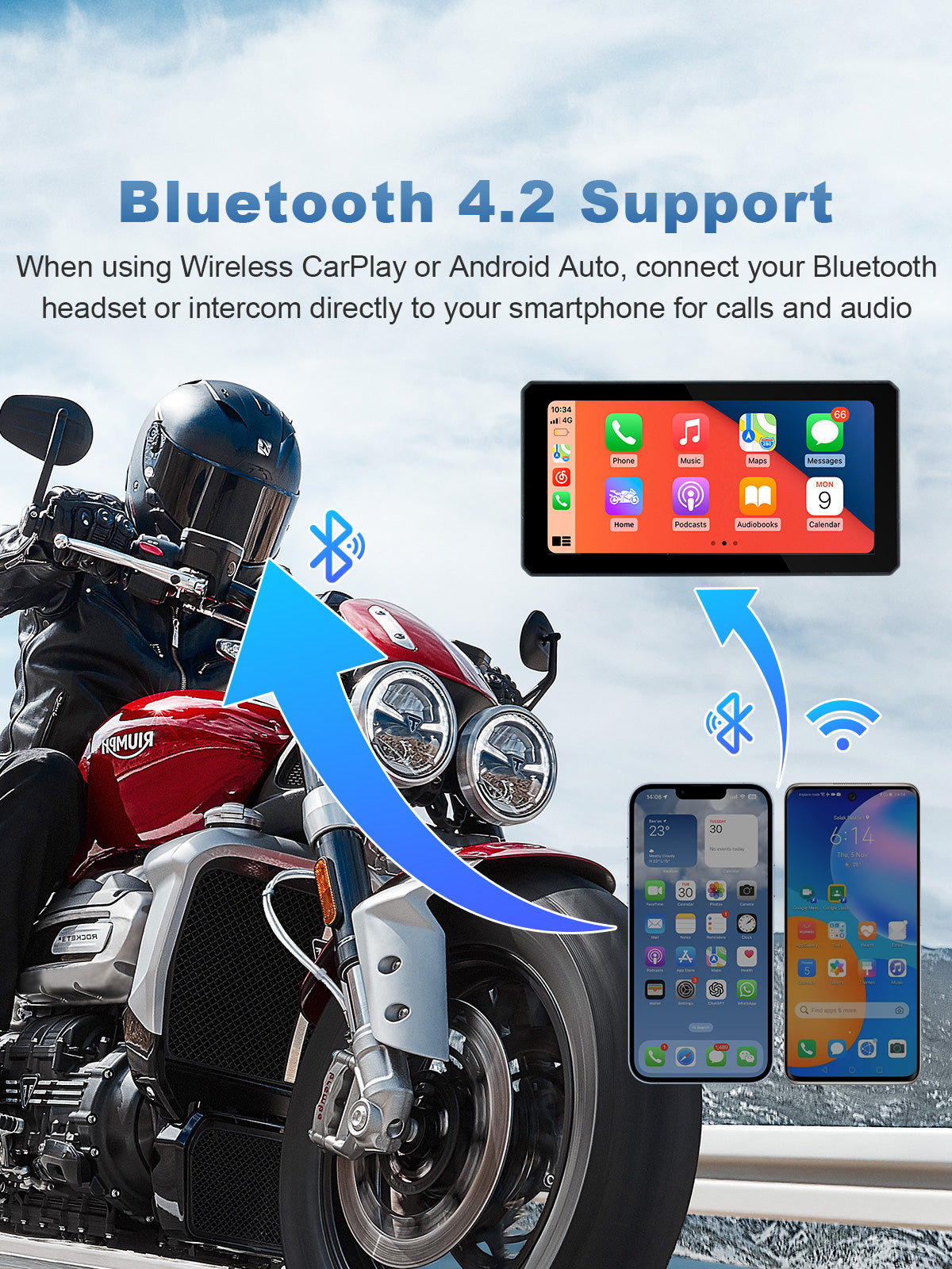 Linkifun MT6 6-inch motorcycle navigation screen with Bluetooth 4.2 connection for wireless CarPlay, Android Auto, helmet headset, navigation, music, and calls