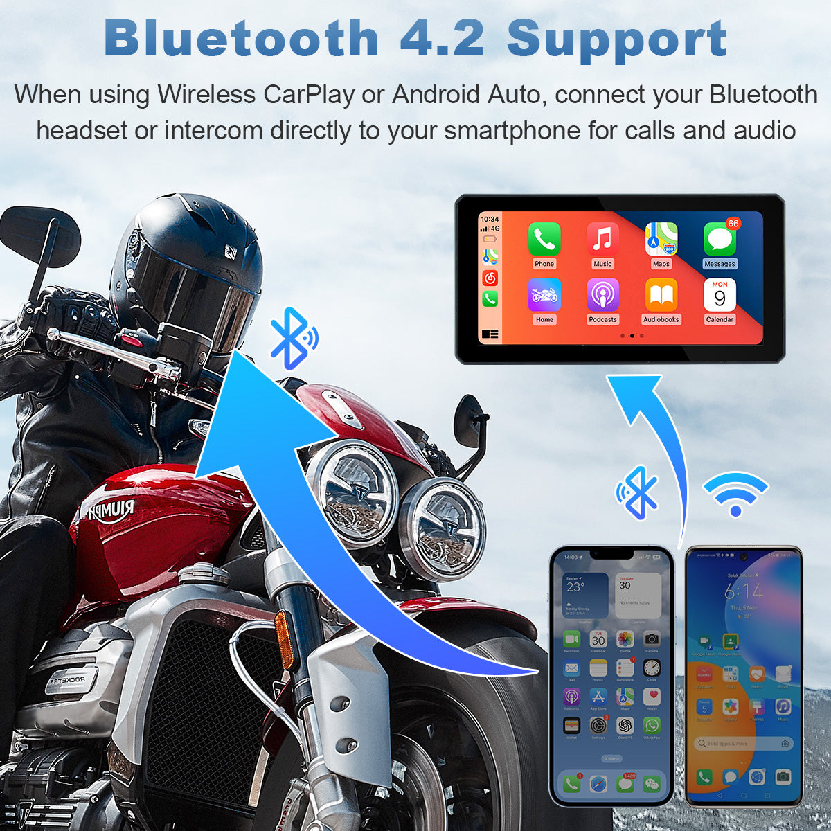 Pantalla de navegación para motocicleta Linkifun™ MT6 de 6" con CarPlay y Android Auto inalámbricos, navegación GPS, Bluetooth 4.2 y TPMS opcional
