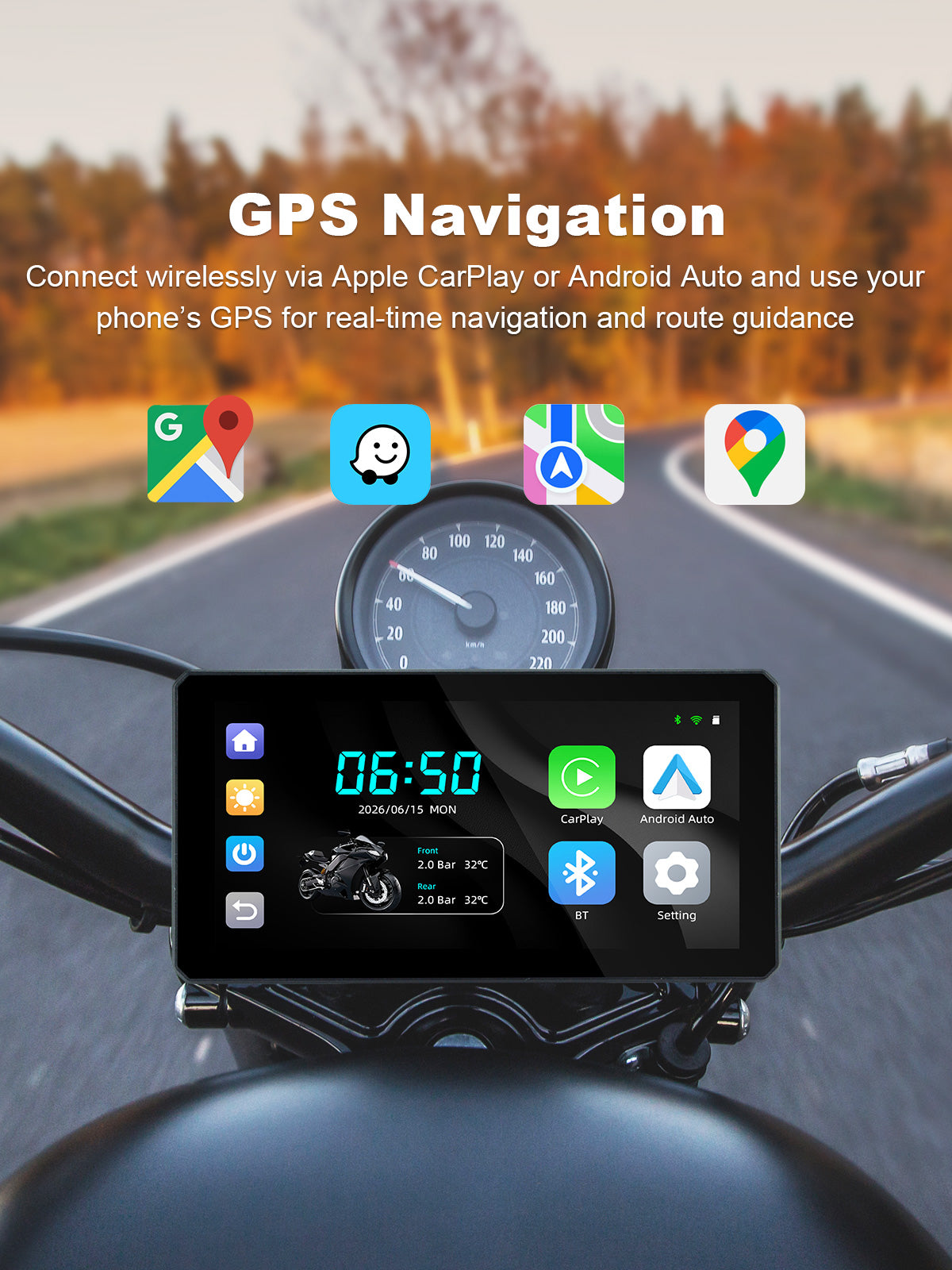 Linkifun MT6 6-inch motorcycle navigation screen using smartphone GPS through wireless Apple CarPlay and Android Auto for real-time navigation and route guidance